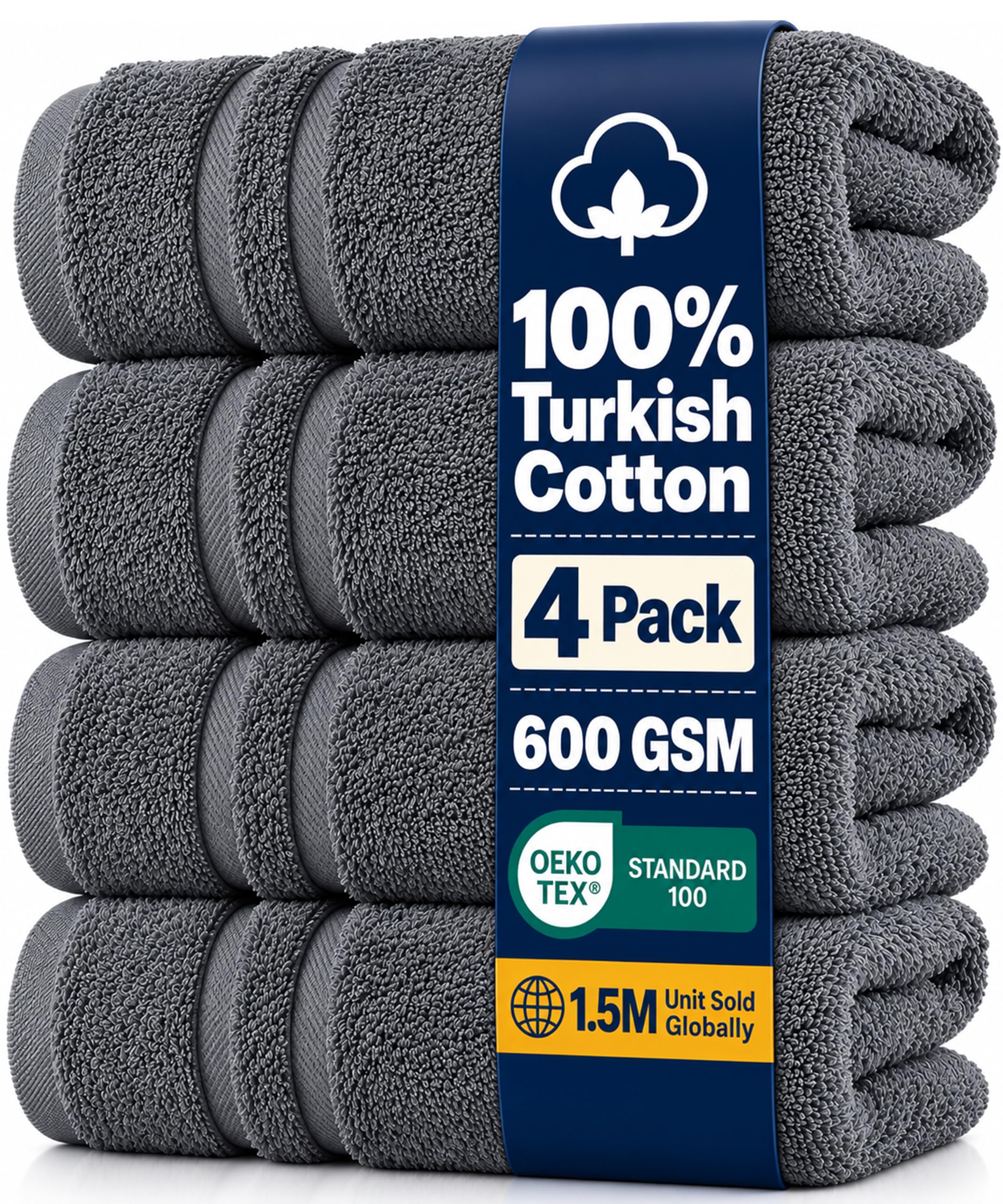 Hawmam Linen Hand Towels for Bathroom, Turkish Cotton, 4 Pack, Cool Grey