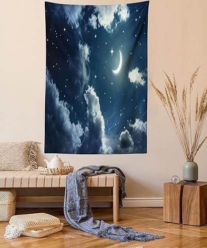Ambesonne Tapiz de estrella, luna creciente y estrellas en un cielo nublado, noche estrellada, luz de luna, imagen temática, colgante de pared para