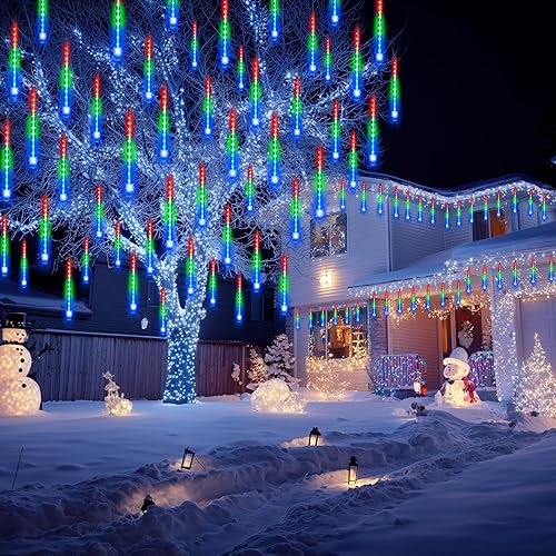Miniatura 7 de JOYIN Luces de Navidad para exteriores, 8 tubos de luces de lluvia de meteoritos multicolor, 192 LED, luz de lluvia en cascada de carámbano de nieve