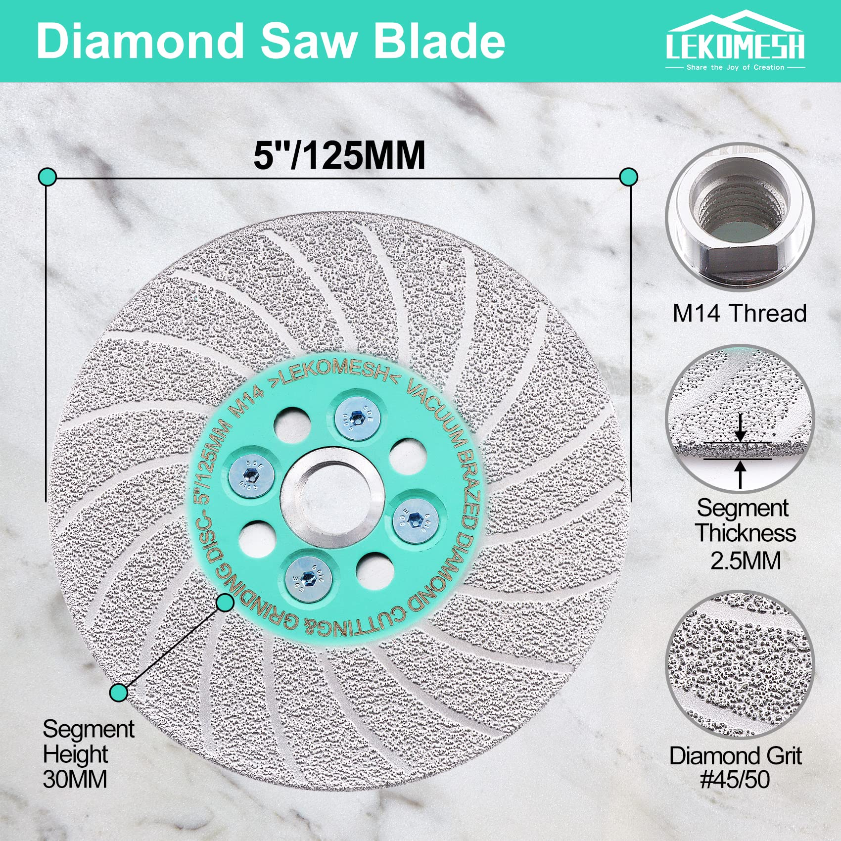 Disque Diamant 125 mm Coupe & Meulage, Double Face Brasé sous Vide pour Meuleuse d’Angle, Multi-Matériaux (Carrelage, Marbre, Granit, Béton), Coupe Rapide et Façonnage