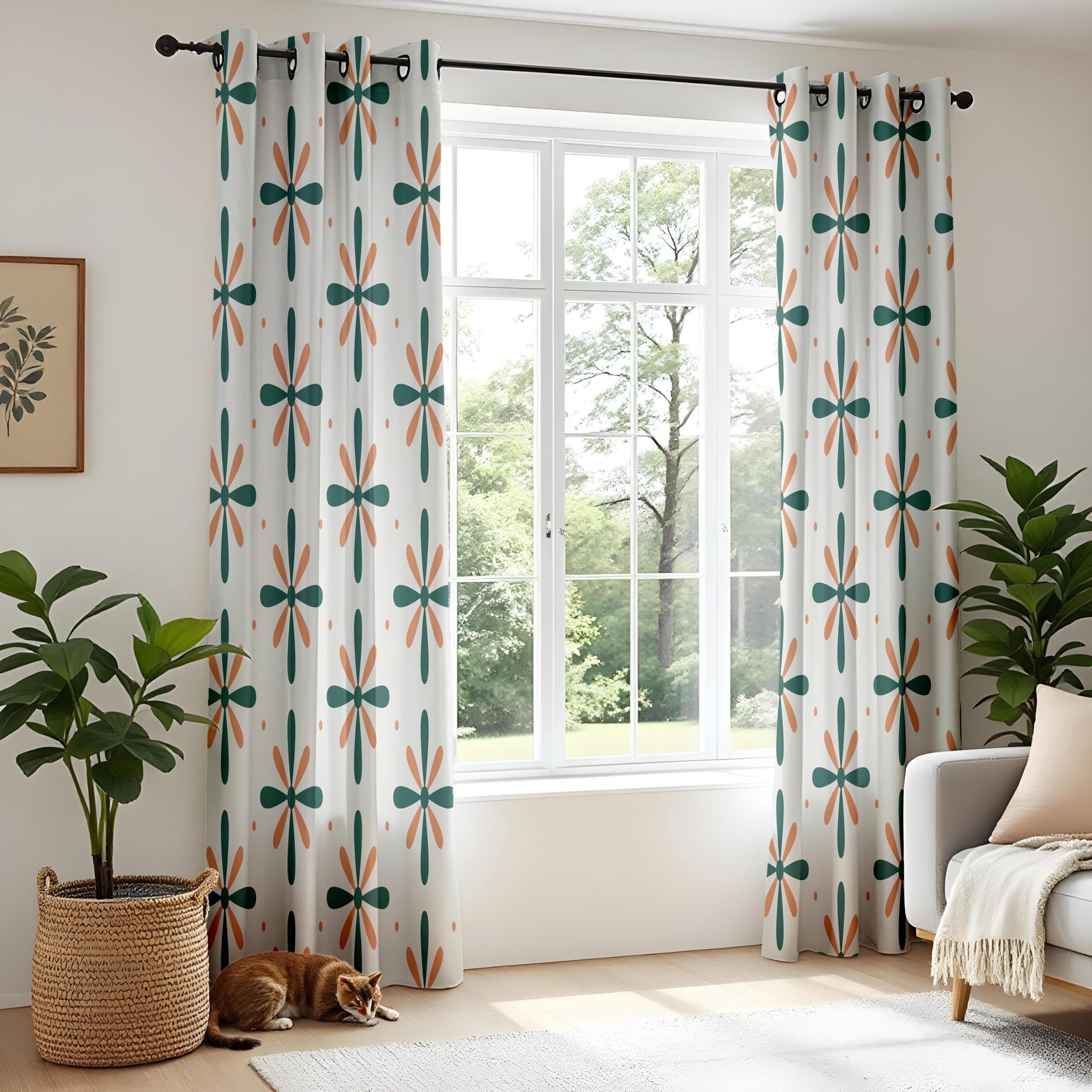 Rideaux occultants pour Chambre à Coucher, 2 Panneaux, Rideaux à Motifs Floraux Bleu Sarcelle et Orange, Rideaux rétro pour Salon (L x H / 2 x 115 x 240 cm)