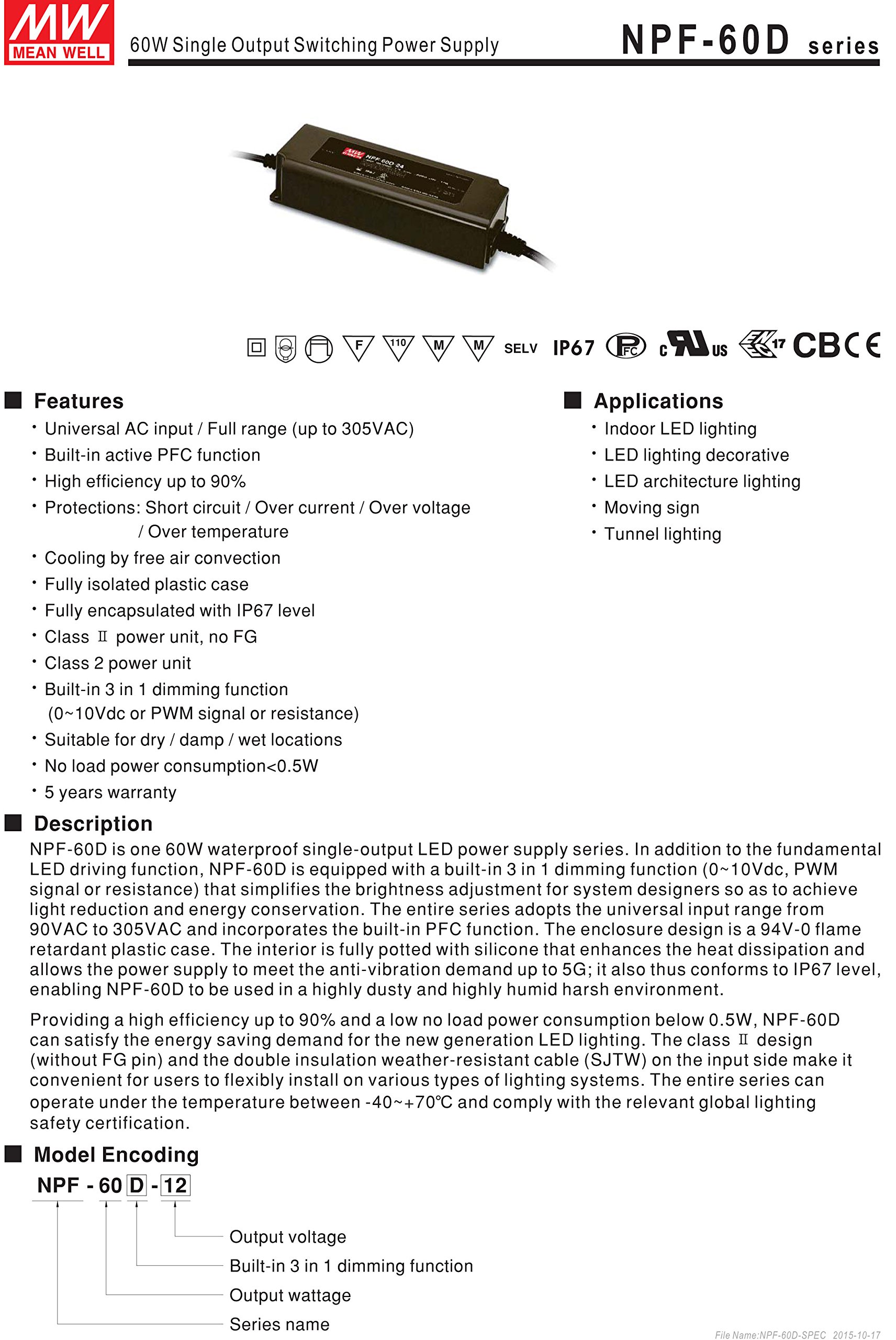 Mean Well NPF-60D-24 LED Power Supply – 24V 2.5A 60W With PFC, Dimming, IP67 Rating - View #8