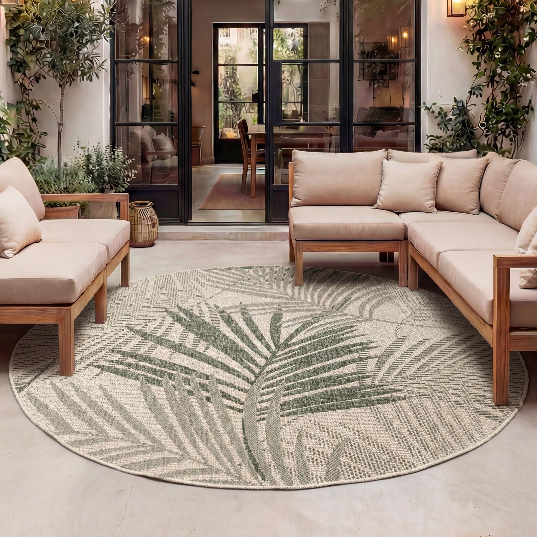 Tapis d'extérieur rond imperméable vert motif palmier FRAAI