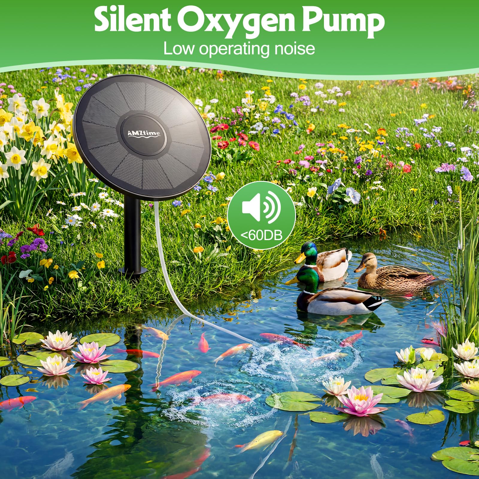 AMZtime Aireador solar de oxígeno, bomba de aire solar de estanque de 3 W con 2 modos de burbuja para acuario, pecera, estanque pequeño al aire libre, hidroponía