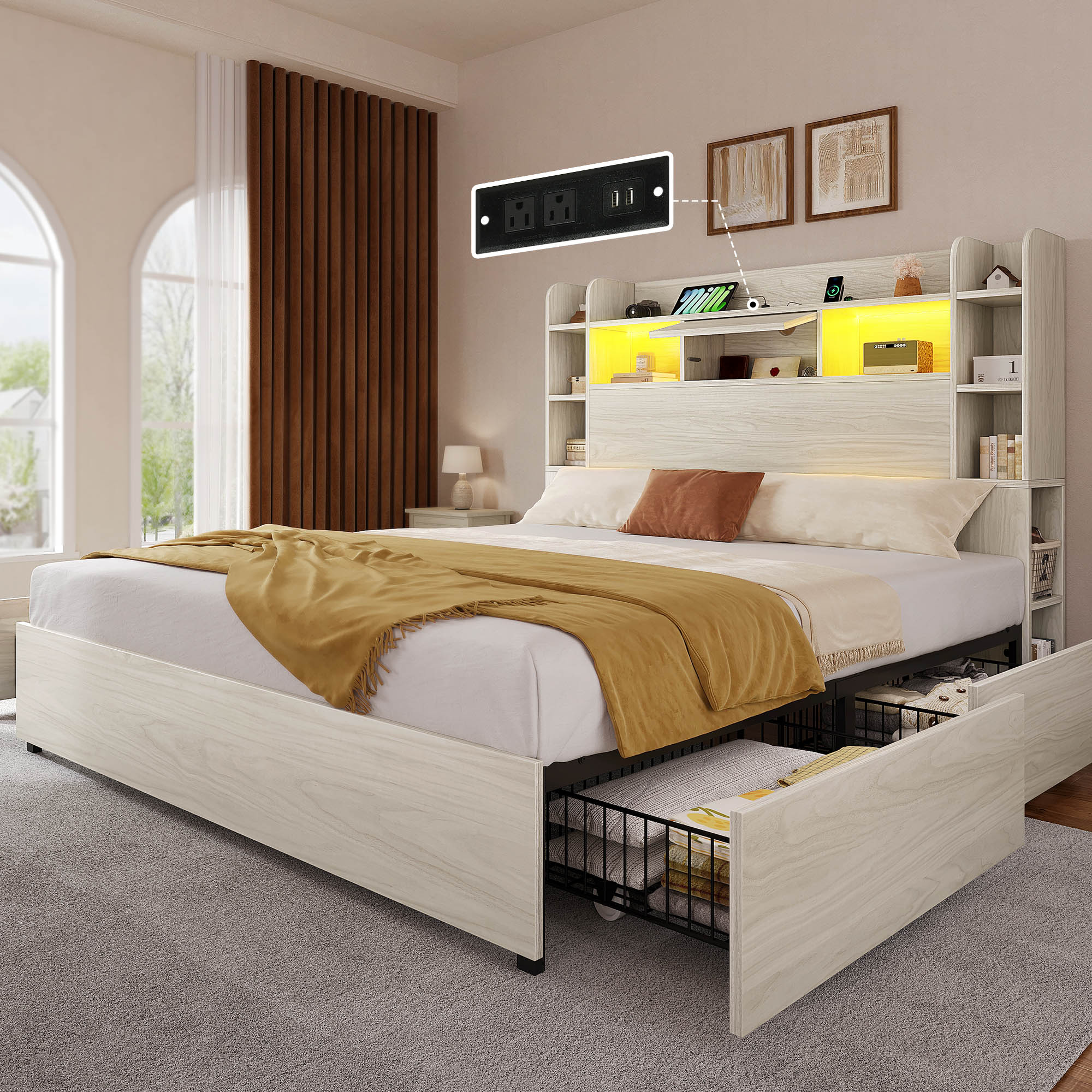Queen Storage Bed Frame DWVO With 4 Drawers & Bookcase Headboard – USB ...