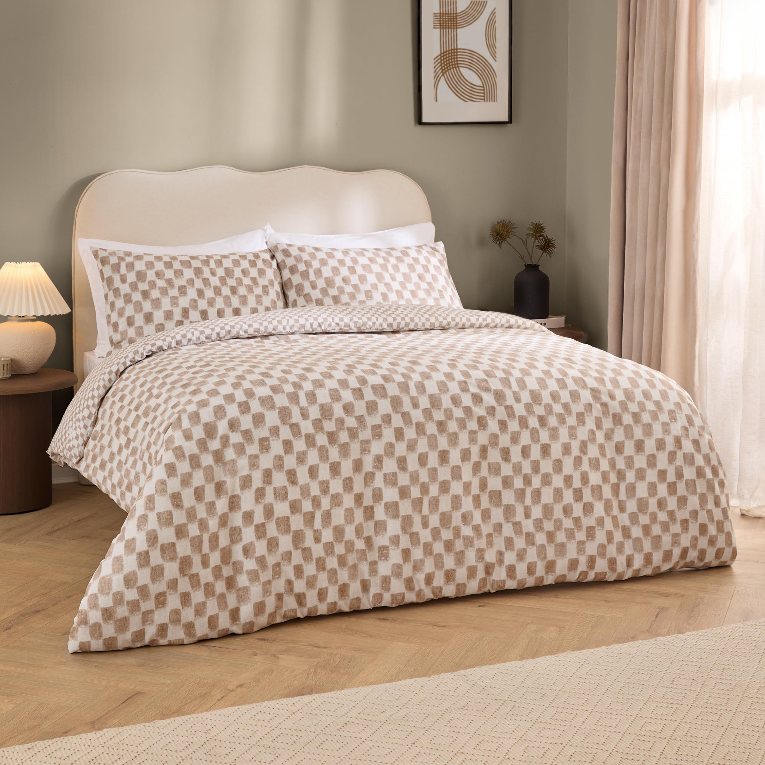 furn. Hoem Nyhavn Duvet Cover Set – Reversible Check Cotton Rich Scandi Bedding (Tobacco - Double)
