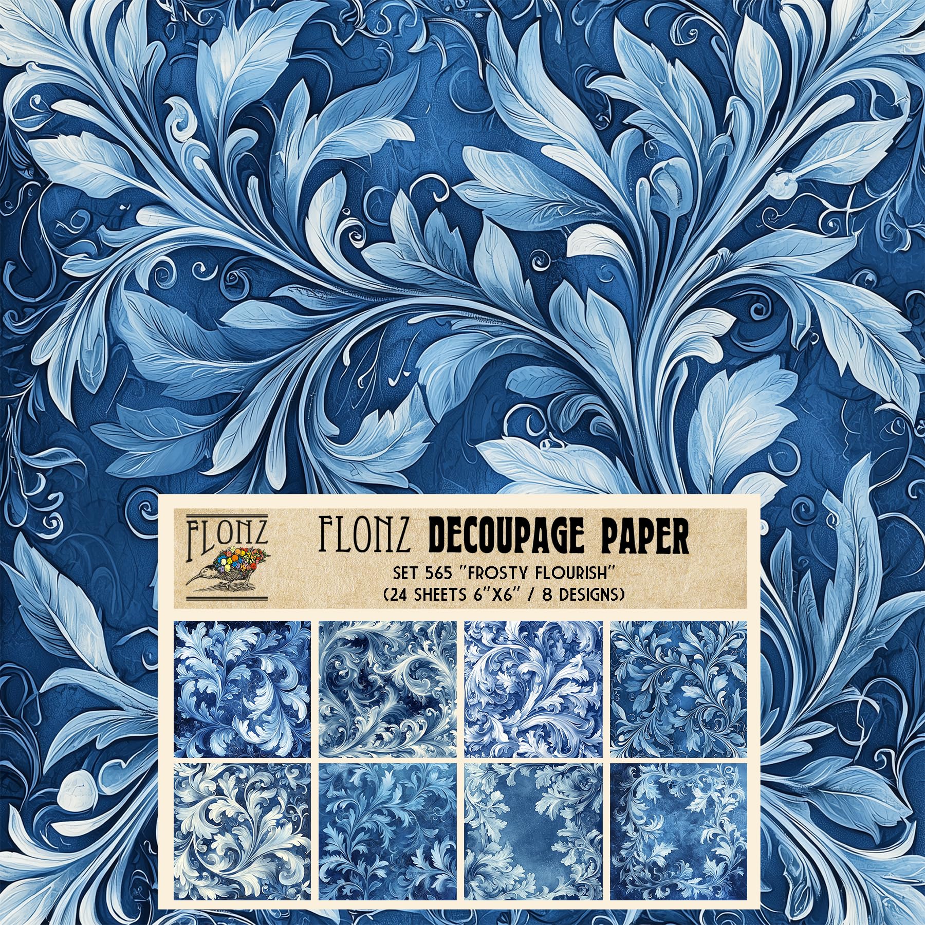 Decoupage Paper Pack (24 Sheets 6"x6") Frosty Flourish: Whimsical Leaf Patterns for Cool and Stylish Crafting Projects # Vintage Styled Paper for Craft and Scrapbooking