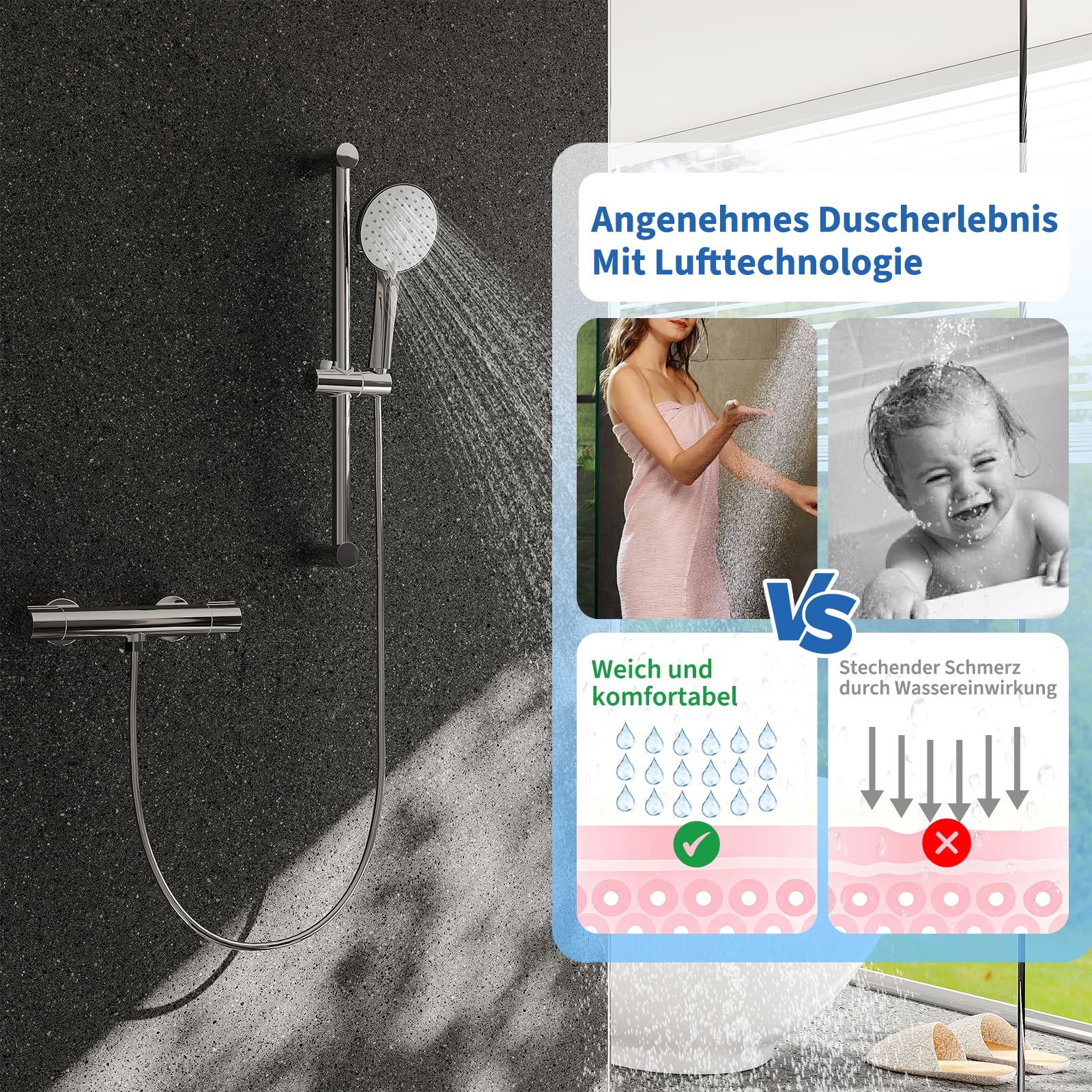 Duscharmatur mit Thermostat Set, Duschthermostat Mischbatterie Wandmontage mit Brausegarnitur | Handbrause | Thermostat Dusche Set mit 38 °C Sicherheitstaste