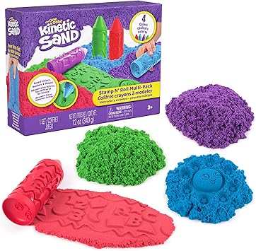 Kinetic Sand, Stamp N Roll Crayon Multi-Pack with 12 oz Purple, Green, Blue & Red Play Sand, Toddler Toys, Arts and Crafts Kids Toys for Girls & Boys Ages 3 and up