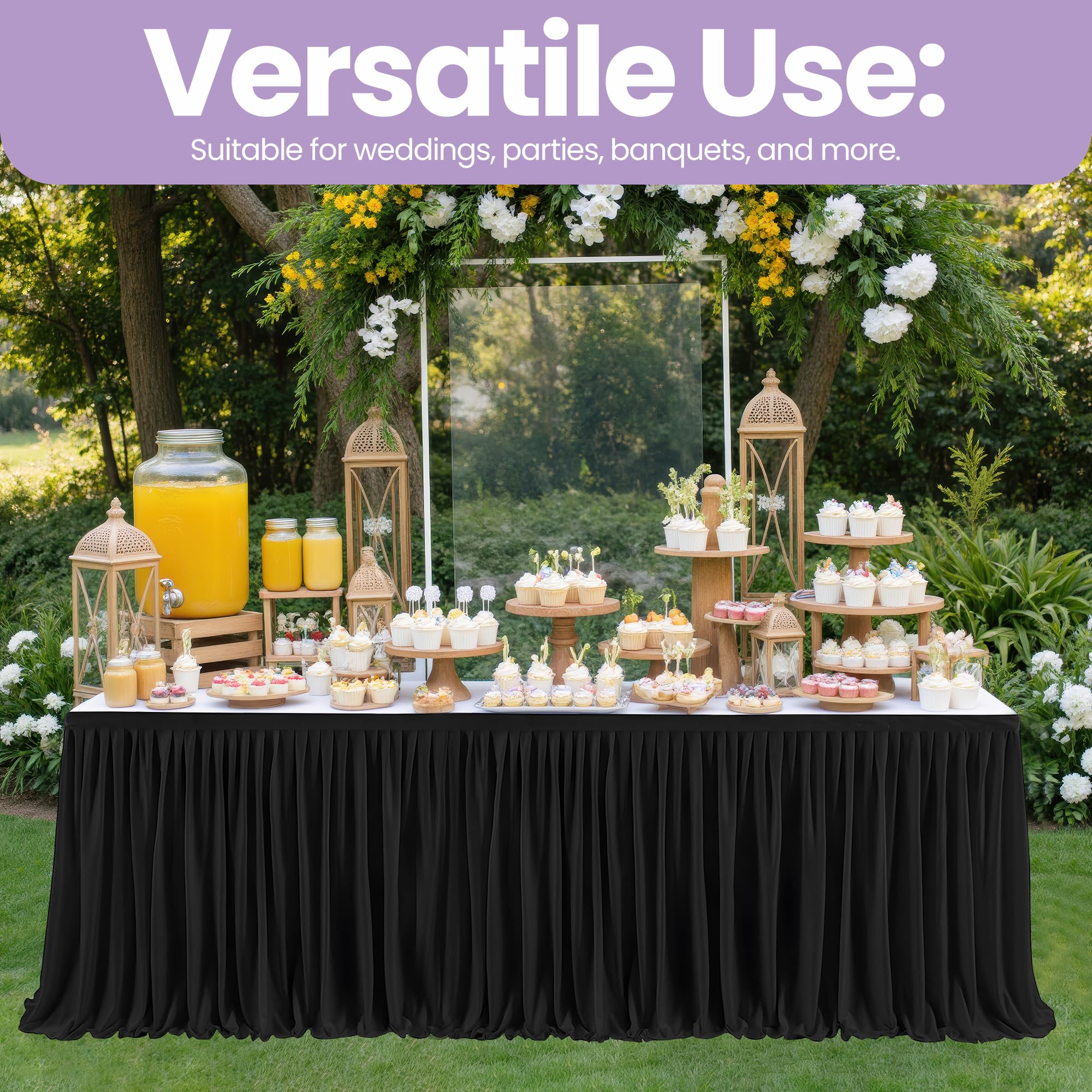 EVENT DECOR SHOP Czarna spódnica stołowa 6,4 m – plisowana poliestrowa spódnica stołowa na prostokątne stoły, elegancki obrus na wesela, imprezy, baby shower, wydarzenia, bankiety i wystrój domu
