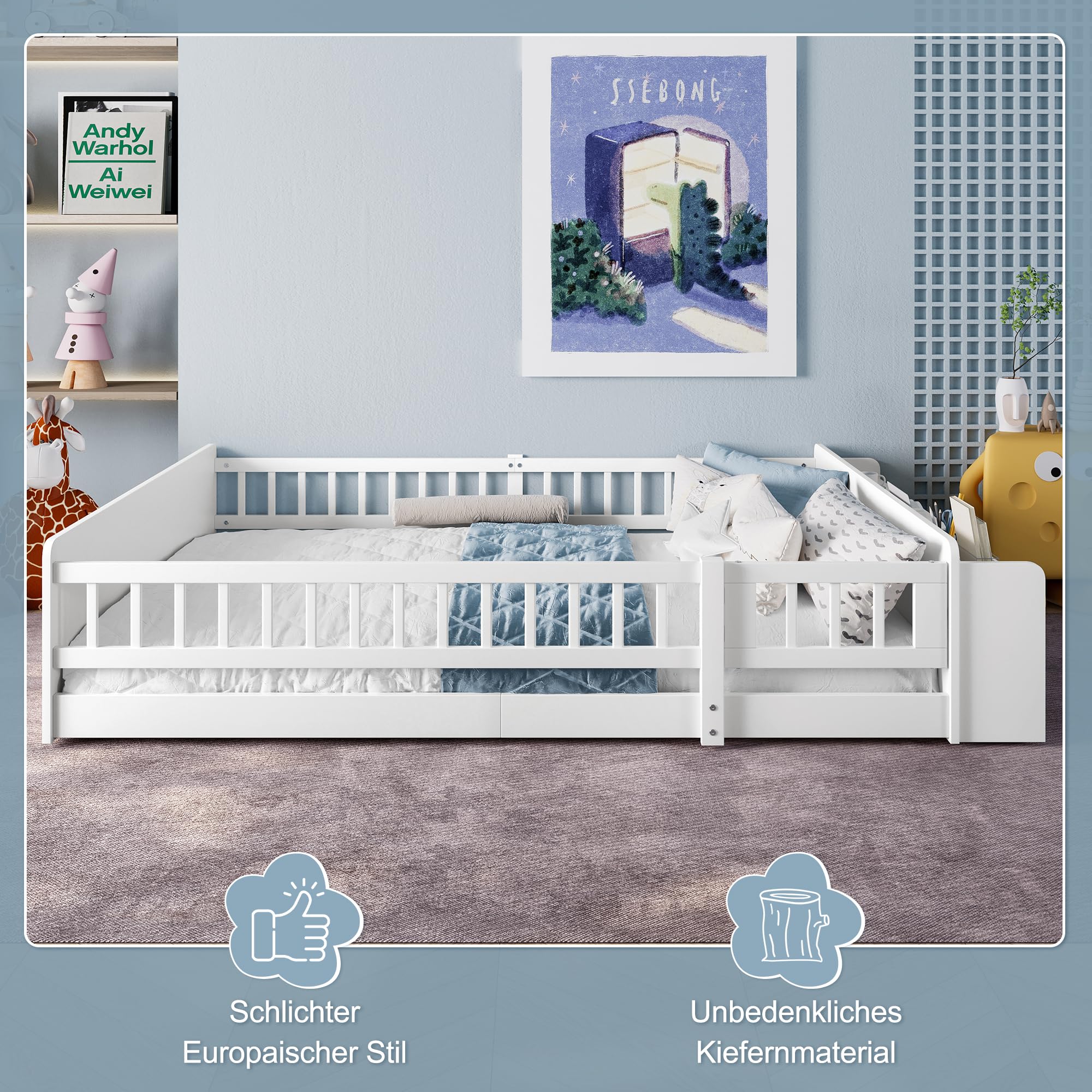 Merax Kinderbett Bodenbett 140x200 cm mit Rausfallschutz & Lattenrost, öffnbarem Zaun - Montessori Bett mit offenem Stauraum & Ablagen, Holz Bettgestell, Jugendbett, bis 200 kg belastbar