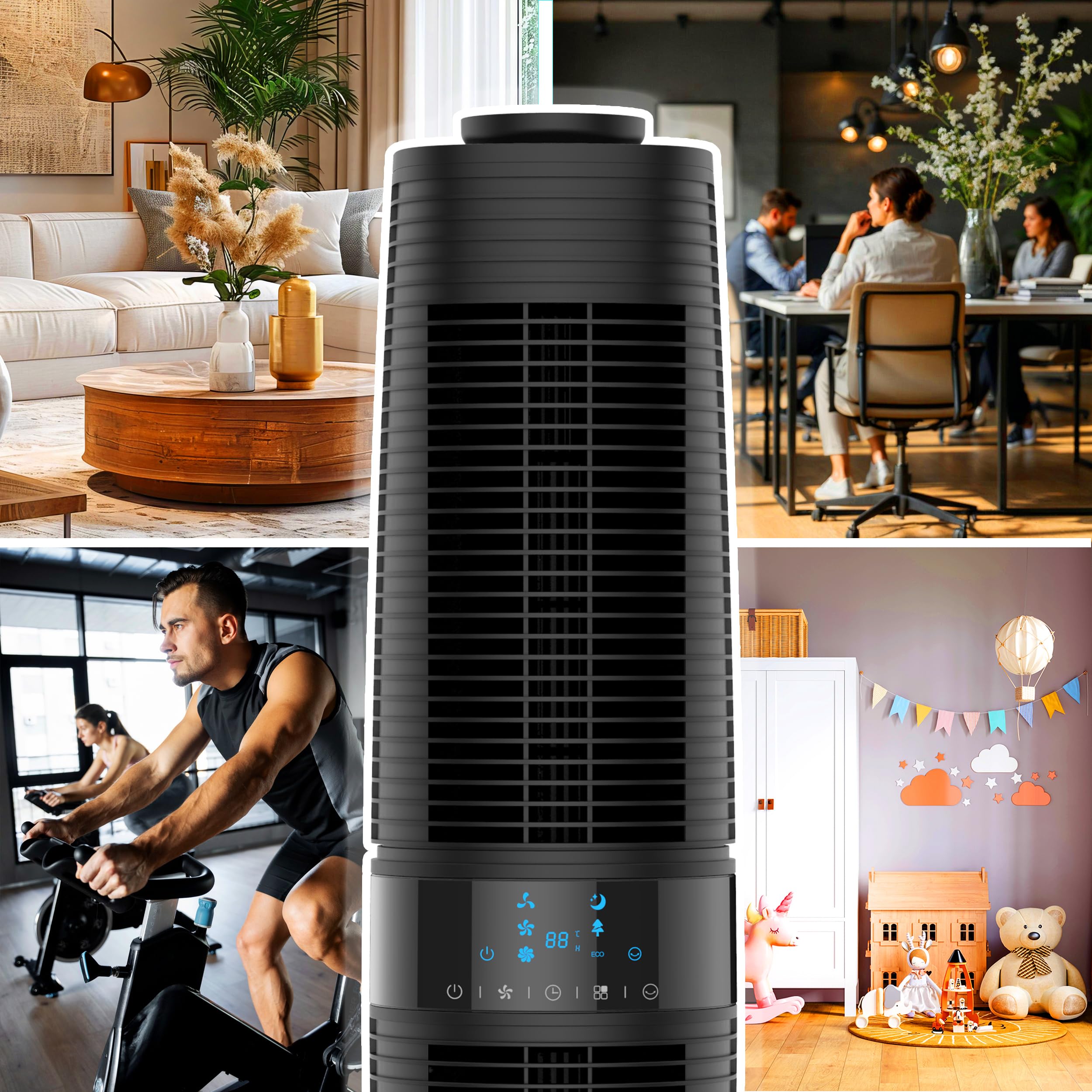 Turmventilator FLOW 360 Dual Air 360° 3 Stufen Timer 8h 96,8 cm Oszillierend 90° 45W Tower Fan Ventilator leise mit Fernbedienung Standventilator groß Ventilator Schwarz