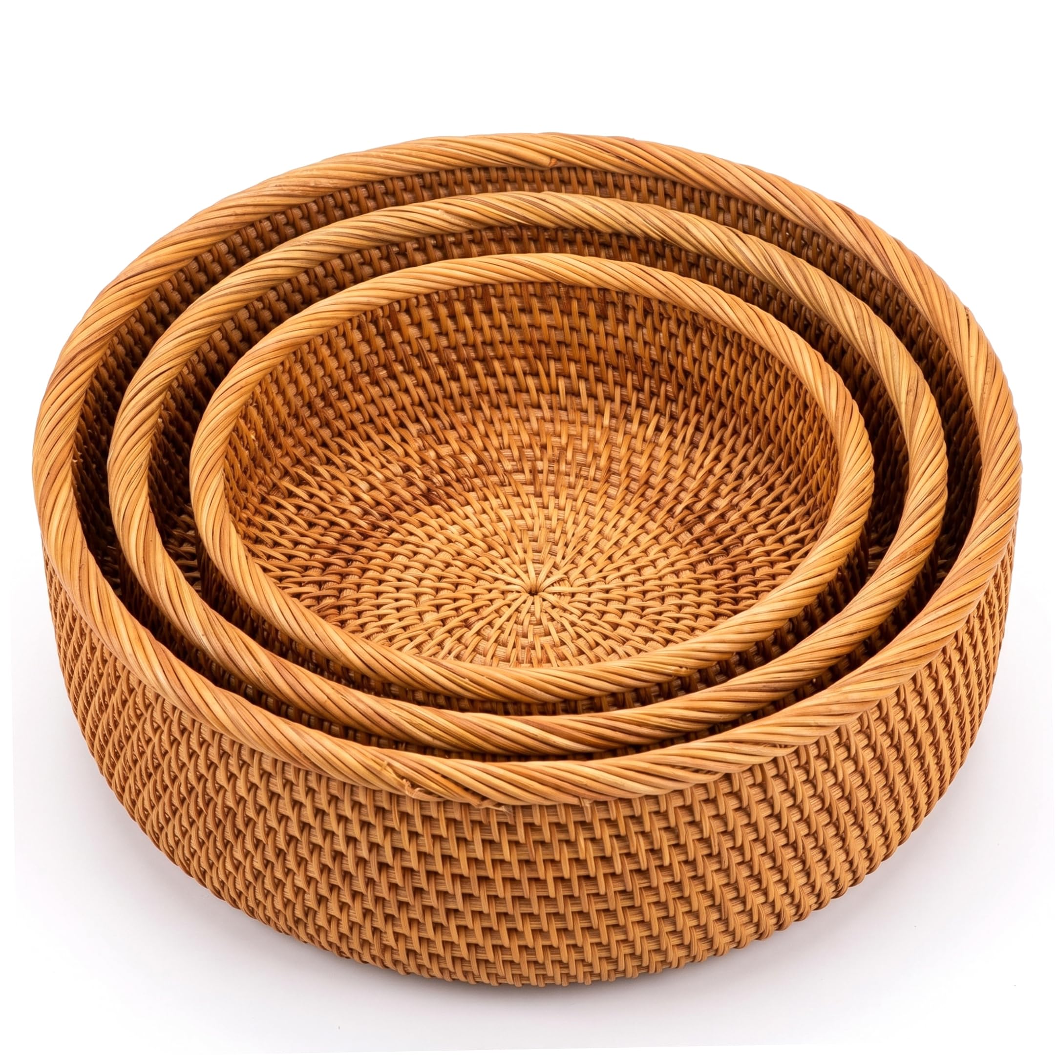 Ameble 3pcs Natural Handwoven Round Rattan Basket, Wicker Bread Baskets for Serving, Rustic Fruit Basket, Home Organization, Storage Baskets for Counter, Pantry, Table Decor