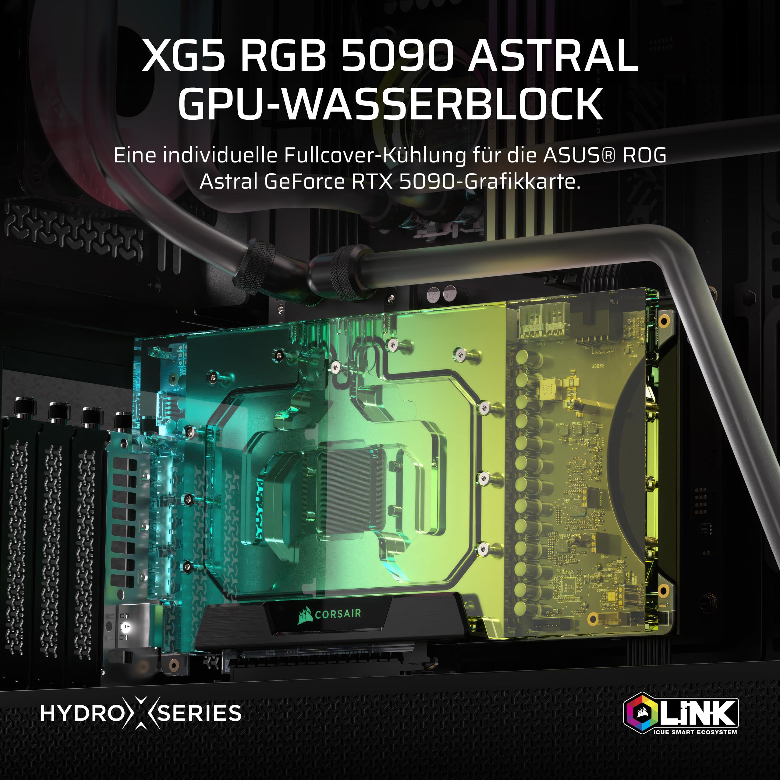CORSAIR Hydro X Series XG5 RGB 5090 ASTRAL GPU-Wasserblock für ASUS ROG Astral GeForce RTX 5090, Vernickelte Kupferbaugruppe, Über 60 hochdichte Kühlrippen, 16 einzeln ansteuerbare RGB-LEDs – Schwarz