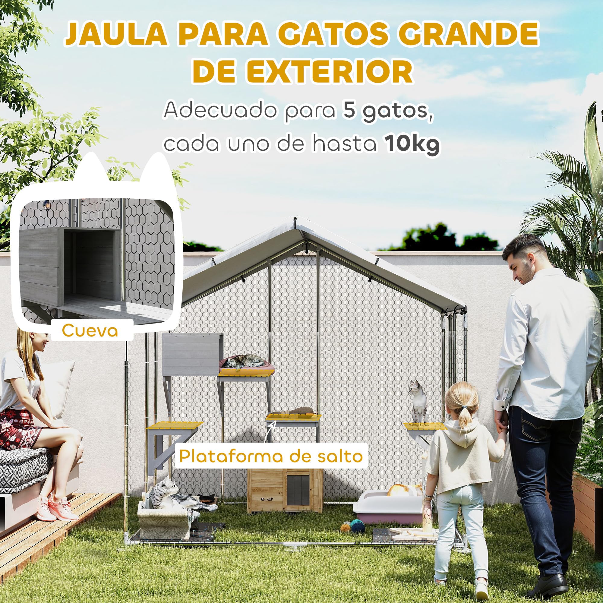 PawHut Jaula Grande para Gatos Exterior, Recinto para Gatos con 1 Casita, 3 Plataformas para Saltar, Cubierta Impermeable y Anti-UV, Parque para 5 Gatitos, Conejos, 200x170x195 cm, Plata
