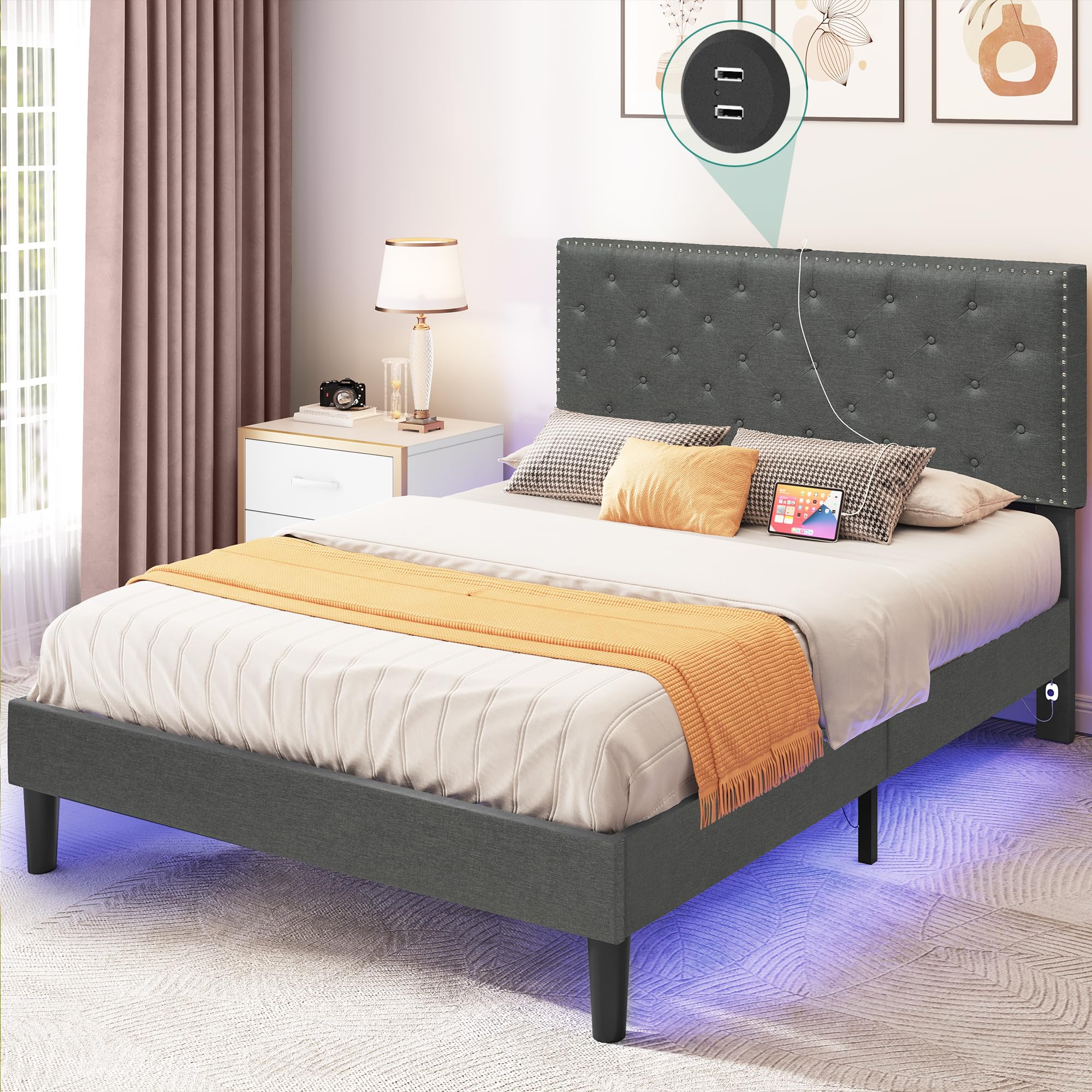 YITAHOME Queen Size Bed Frame, LED Bed Frame with Upholstered Adjustable Diamond Headboard, Platform Bed with USB Ports & Motion Sensor Light, Easy Assembly, No Box Spring Needed, Gray