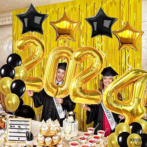 Miniatura 6 de KatchOn, Juego de globos dorados 2024, gigantes de 40 pulgadas, paquete de 23, globos de clase de 2024, decoraciones de graduación negras y doradas
