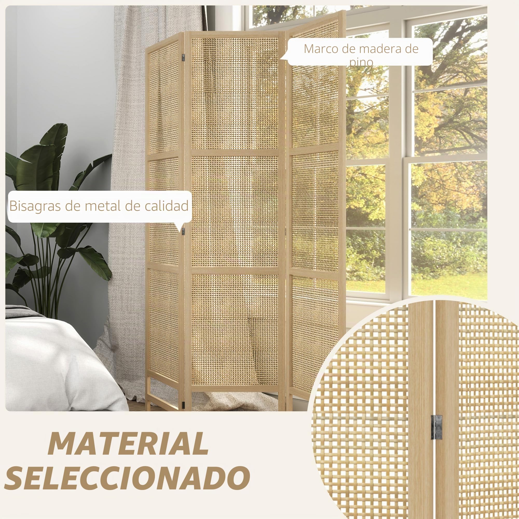 HOMCOM Divisor 3 paneles 135x180cm PP Ratán Natural | Divisor plegable, pantalla de privacidad, tabique para sala de estar