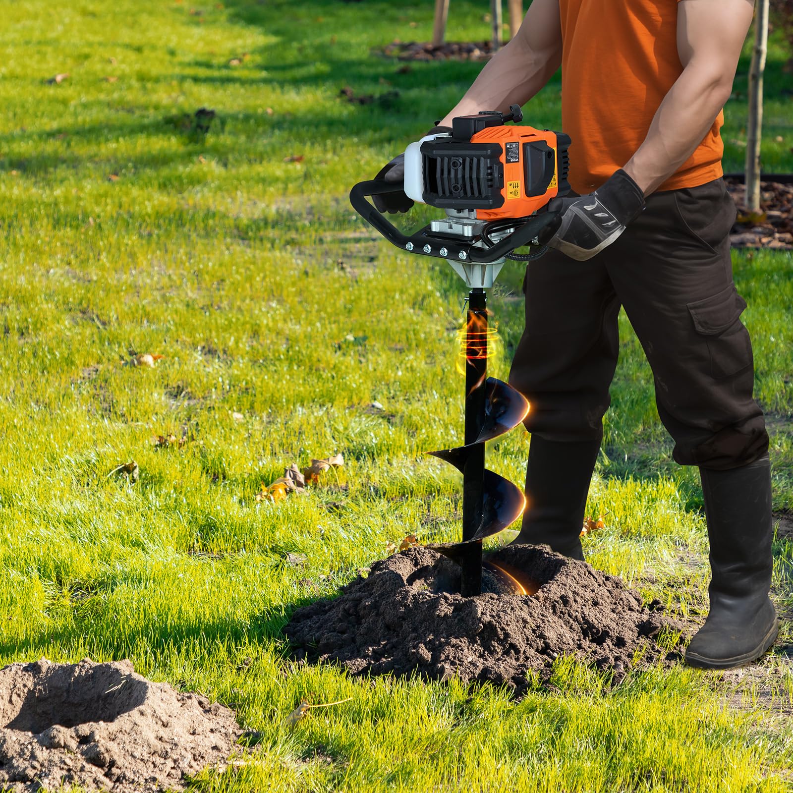 VEVOR Trivella per Pali a Gas 52 CC 1450 W Trivella per Terra, Trivella a Gas con Punte 200 mm 1 Asta di Prolunga, Trivella per Pali di Recinzione per Piante da Giardino, Piantagione, Arancione e Nero