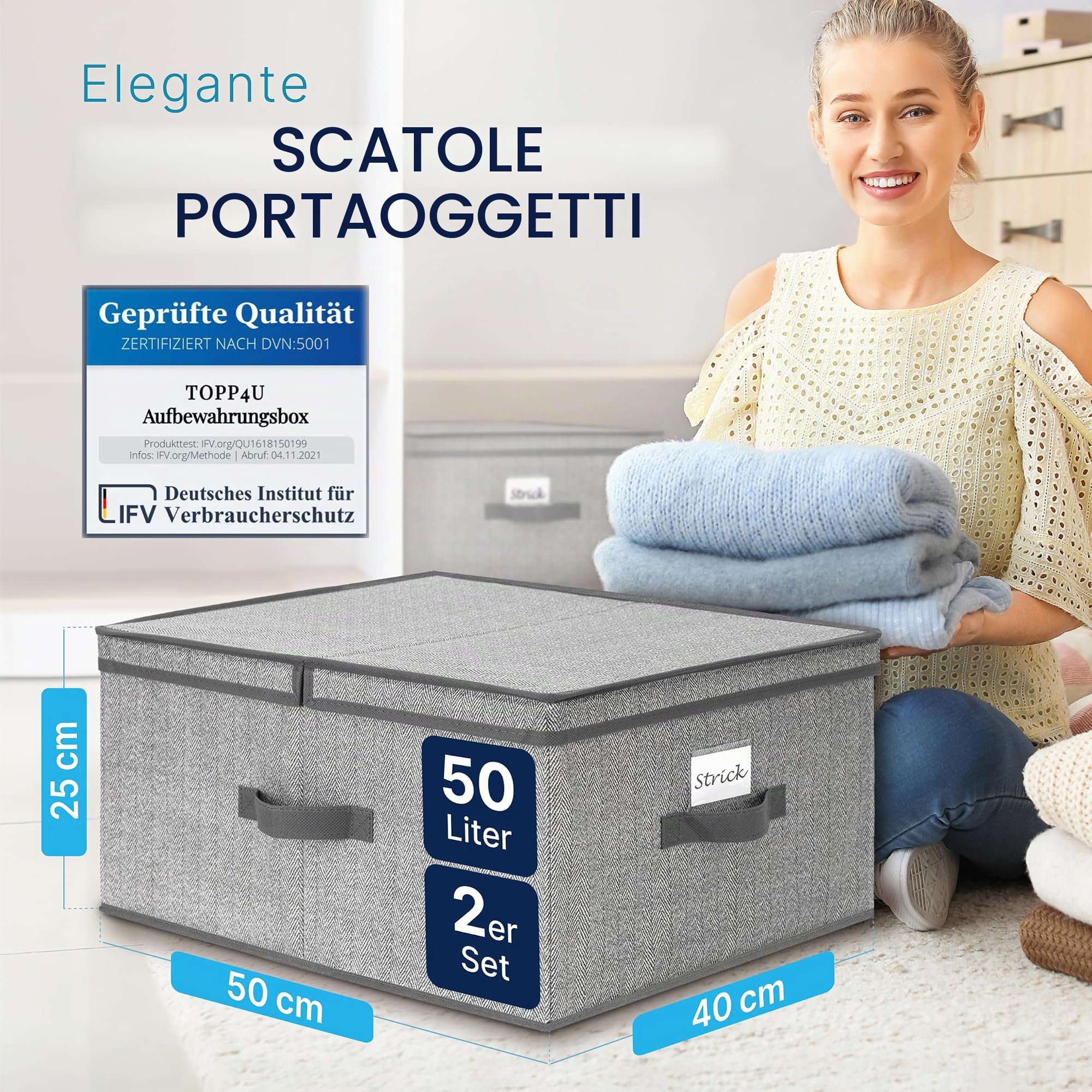 TOPP4u Grande scatola portaoggetti con coperchio, 2 x – 40 x 50 x 25 cm – 50 l – scatola pieghevole extra grande per armadio & scaffalatura – grigio beige – set da 2 pezzi