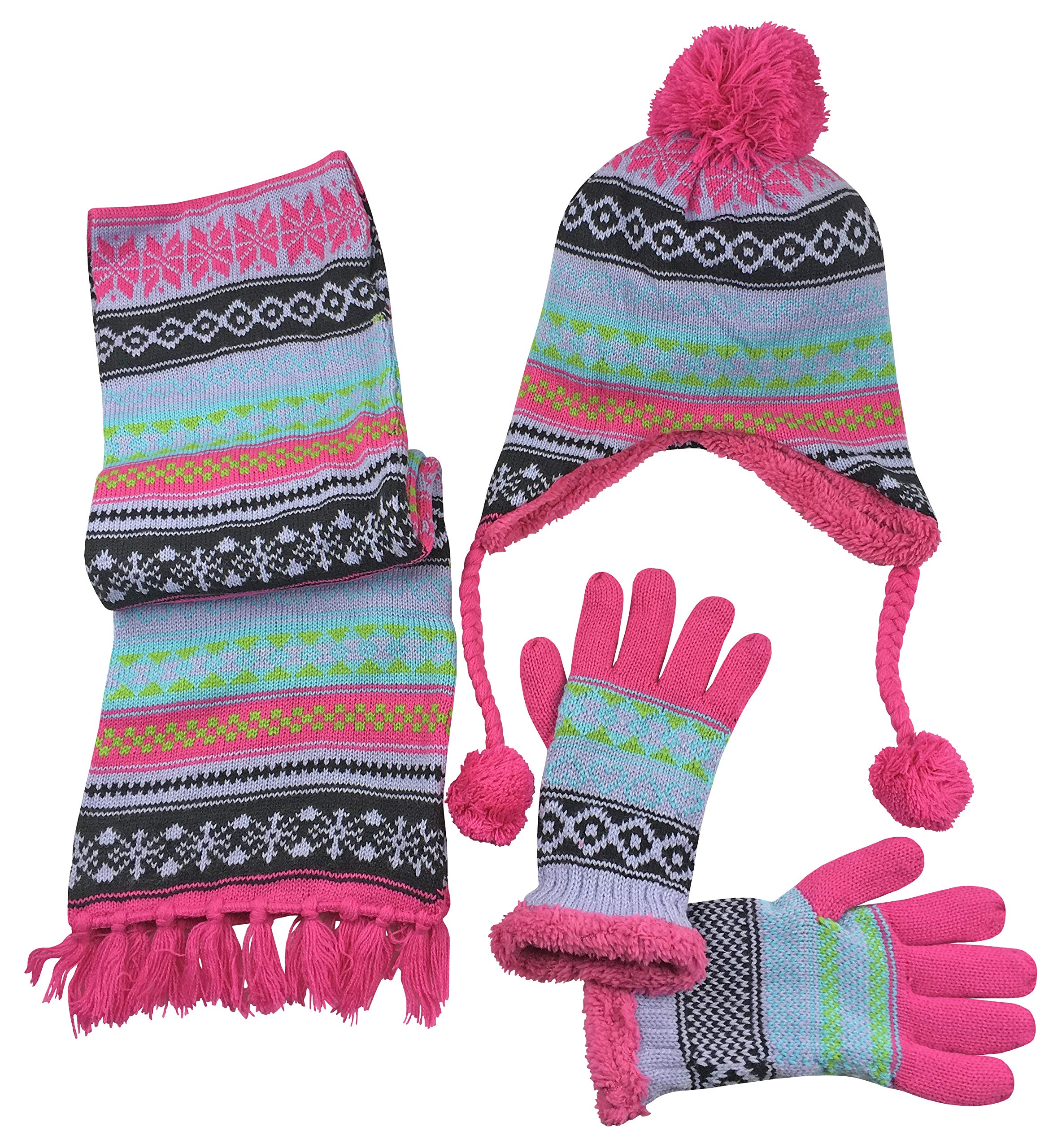 N'Ice Caps Kids Hat Glove Scarf Girls 3 Piece Winter Knit Set Sherpa Lined