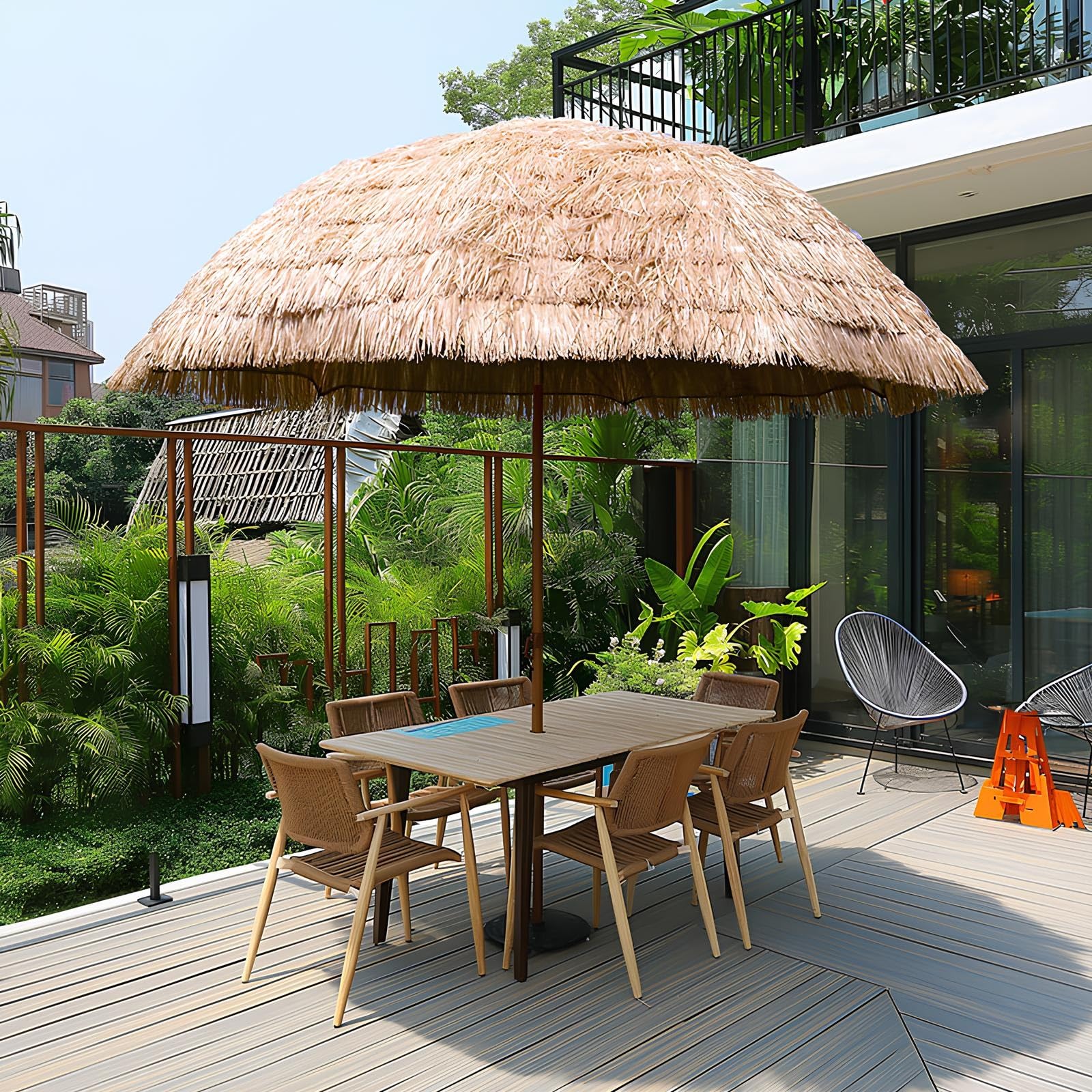 Hawajski parasol plażowy Tiki, 5,2-7,9ft odcień słońca z 8 żeberkami, przenośny taras zewnętrzny Parasol do ogrodu, balkonu i basenu