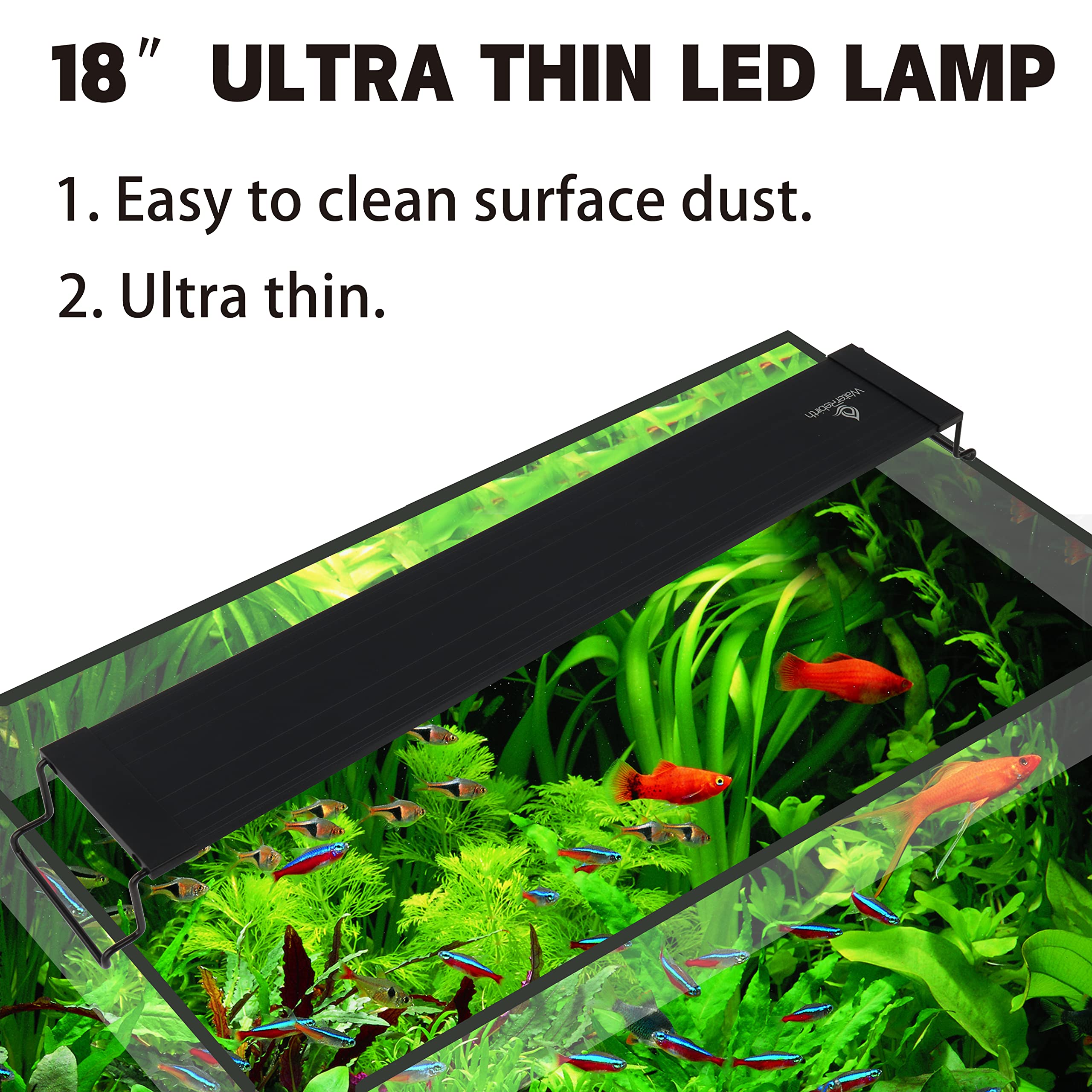 Water Rebirth - Lampara Agua, Luz LED ultra delgada para acuario de 18 a 24 pulgadas, luz ultra delgada para acuario, luz para tanque de peces con soportes extensibles, LED blanco y azul