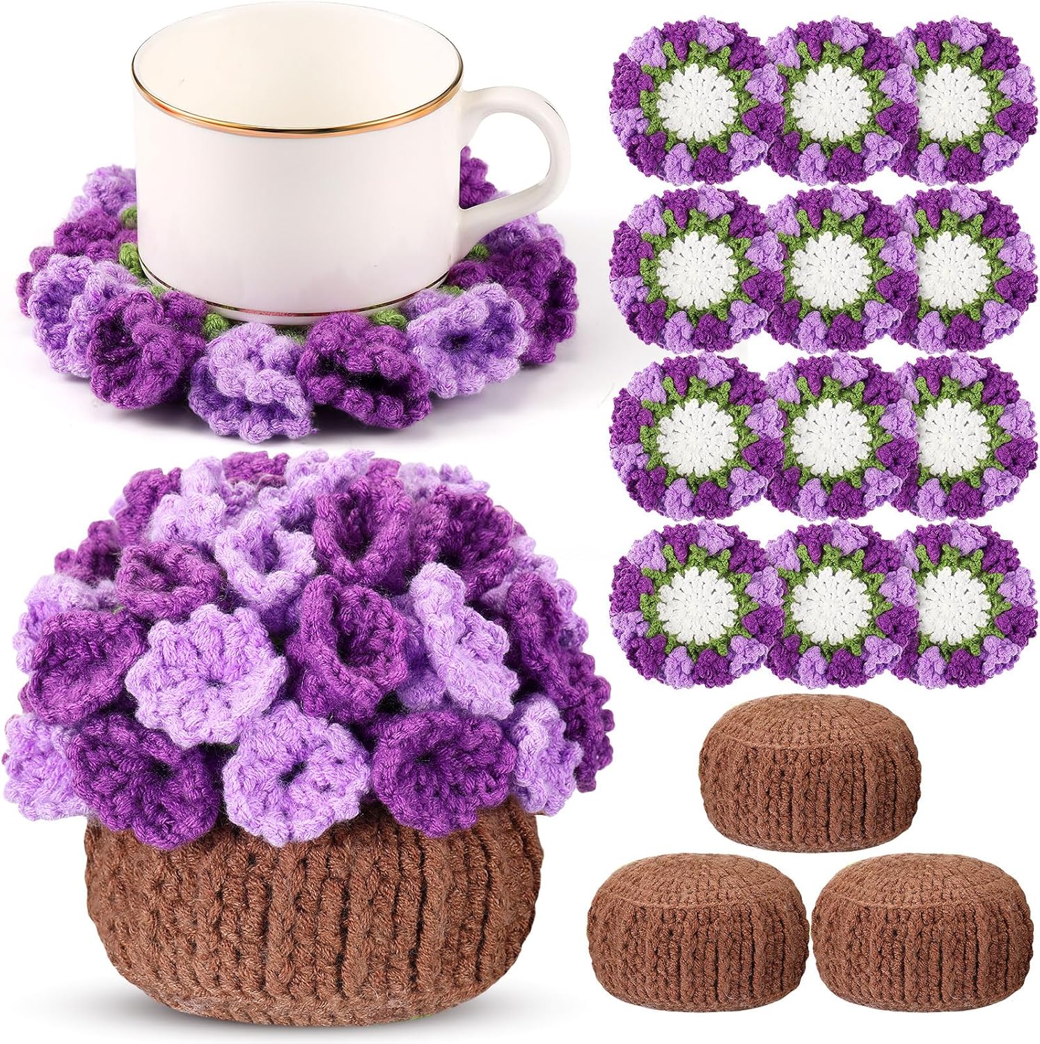 HunnmingRe 15 Pcs 3D Cute Crochet Flower Coasters Set, Spring Summer Floral Table Coasters with Plant Pot Holder, Soft Decorative Cup Mat, Housewarming Gift(Purple,Lily of The Valley​)
