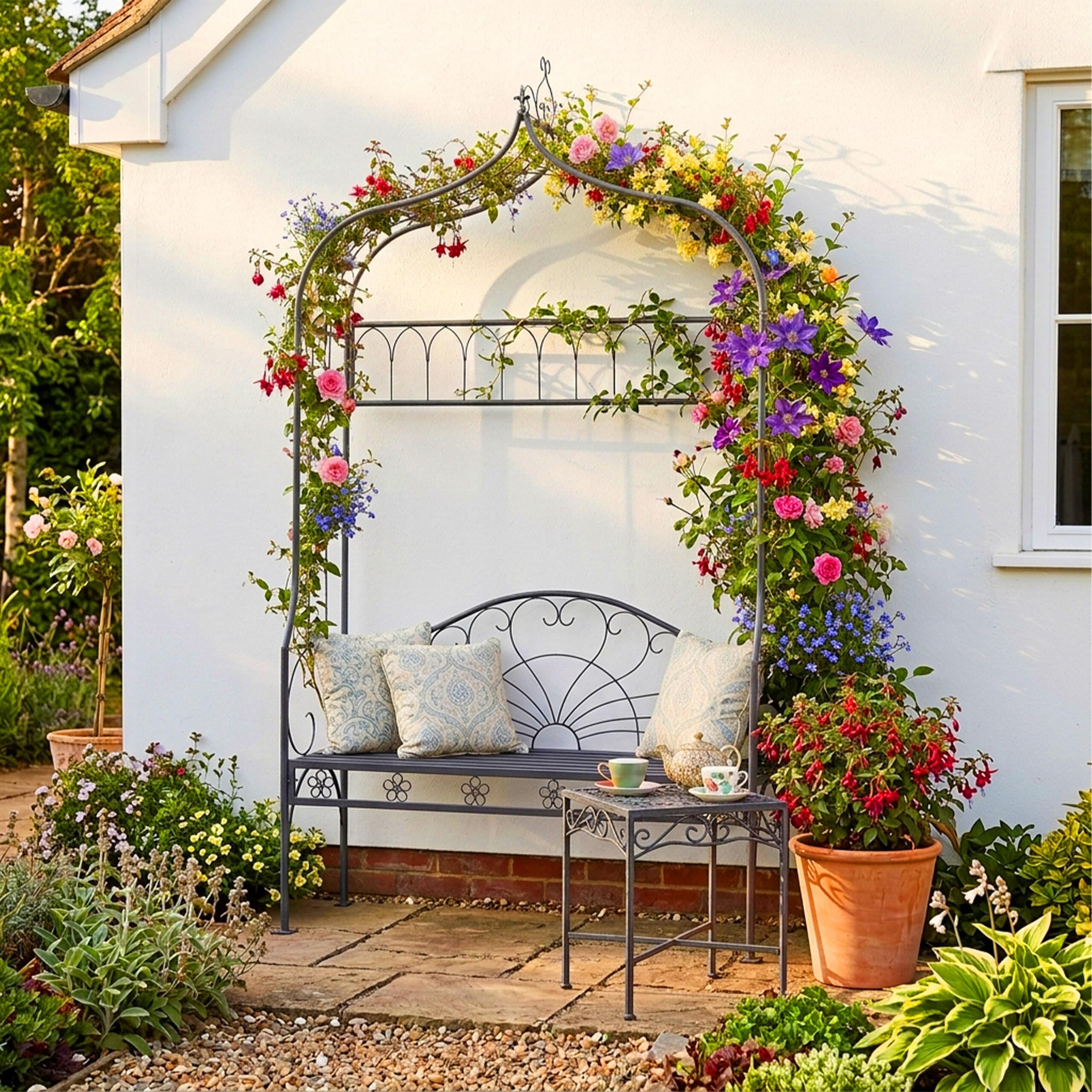 Relaxdays Arche à Roses avec Banc, métal, pour Jardin, H x L x P : 220 x 122 x 43 cm, Arche Stable pour grimpantes, Noir