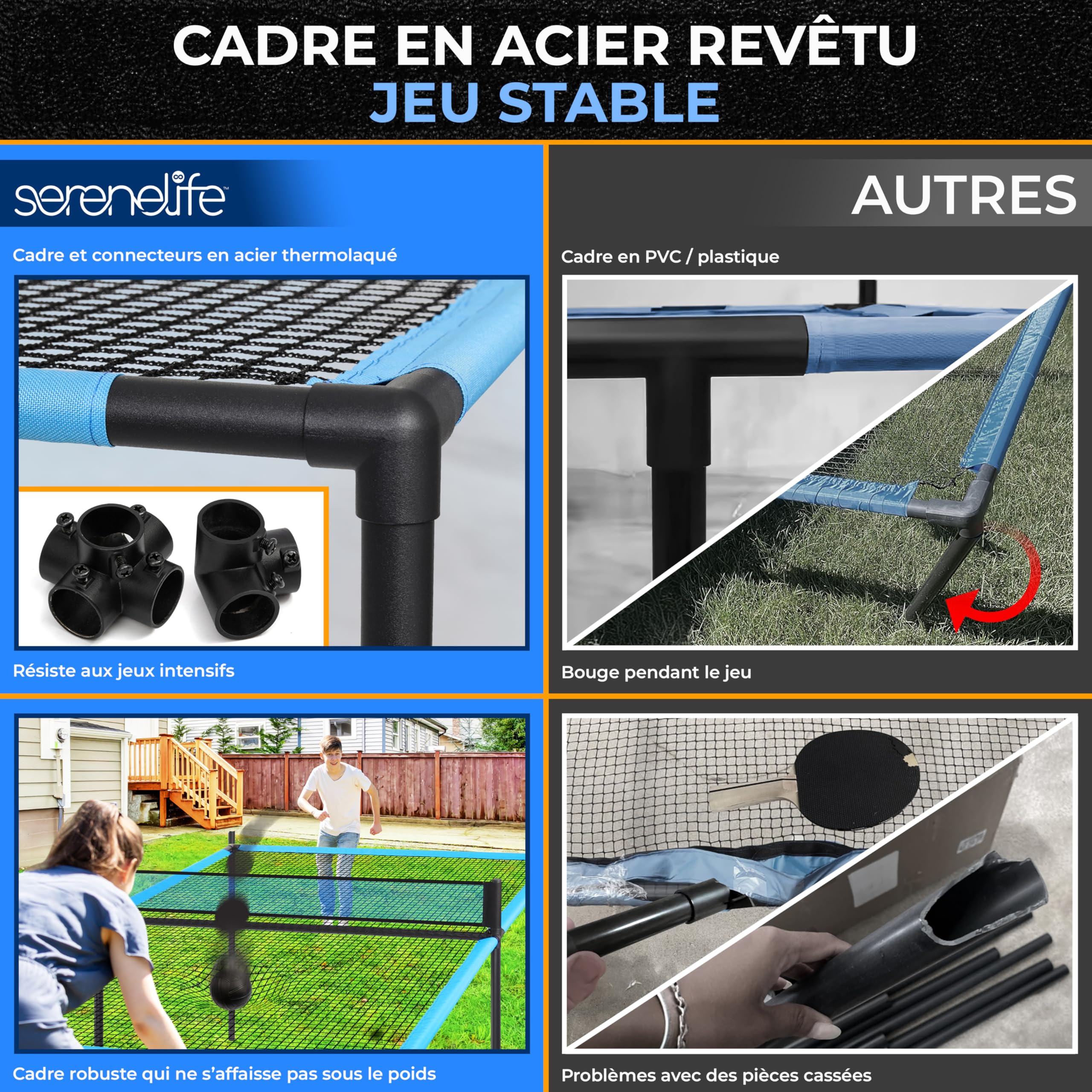 SereneLife Table de Ping-Pong Portable – Table de Ping-Pong Trampoline avec Cadre Acier Revêtu Anti-rouille-240 cm Complet, Jeu “Hand Pong” avec Raquettes & Balles, Intérieur/Extérieur, Salon & Plage