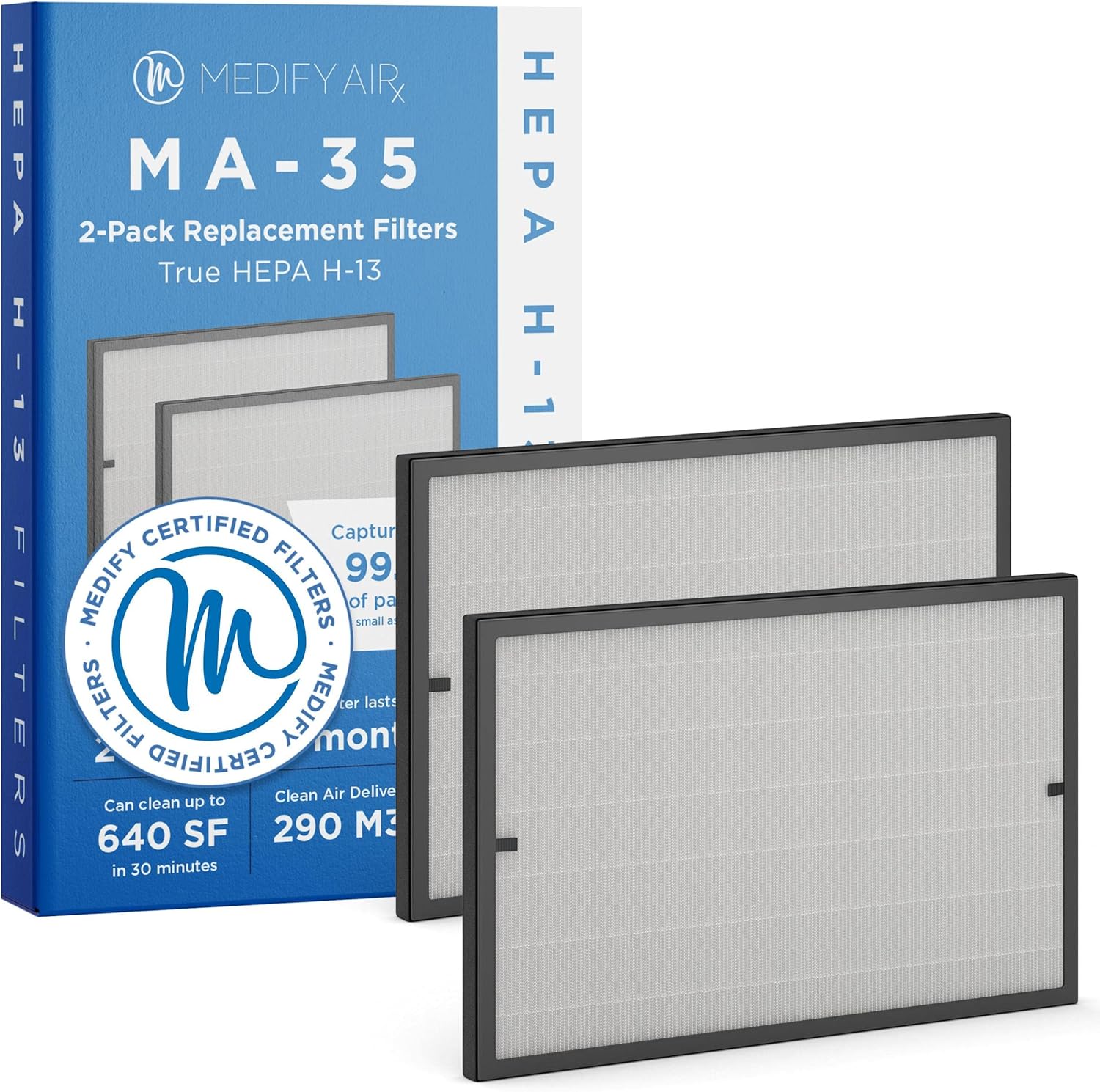 Medify MA-35 Genuine Replacement Filter for White & Silver MA-35 Purifiers | Smoke, Dust, Odors, Pet Dander | 3 in 1 with Pre-filter, True HEPA H13 and Activated Carbon for 99.9% Removal | 2-Pack