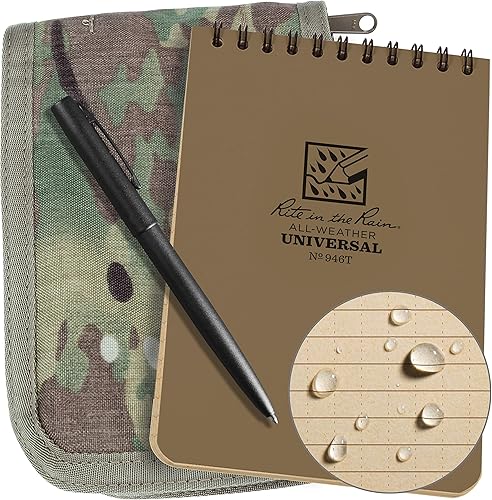 Rite in the Rain Kit de cuaderno de espiral superior resistente a la intemperie de 4 x 6 pulgadas cubierta de tela CORDURA MultiCam, cuaderno marrón
