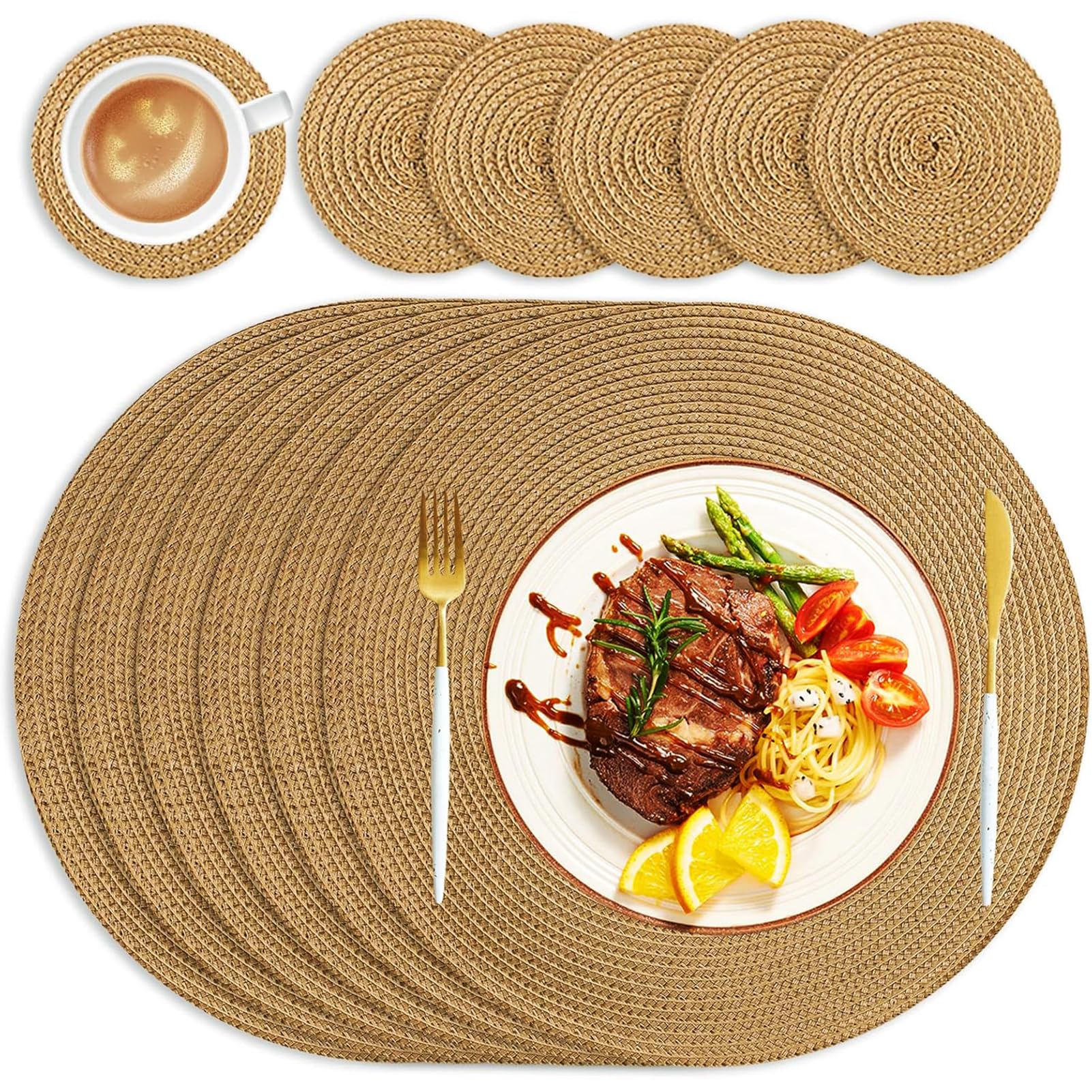 Round Woven Placemats Set of 6 Heat Resistant Round Braided Table Mats, 34 cm Washable Table Placemats and Coaster Sets for Dining Kitchen, Party, Wedding (Golden Brown)