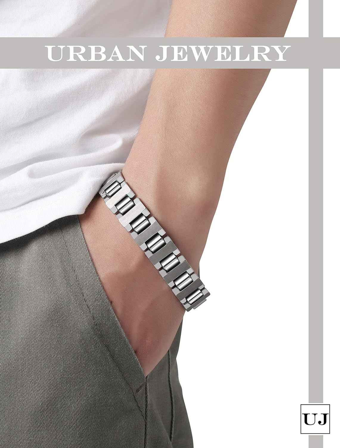 Urban Jewelry Mens Link Bracelet, Stylish Solid Tungsten Bracelet for Men (8.3 Inches, Matte Black, Shiny Black and Silver Option) - Image 3