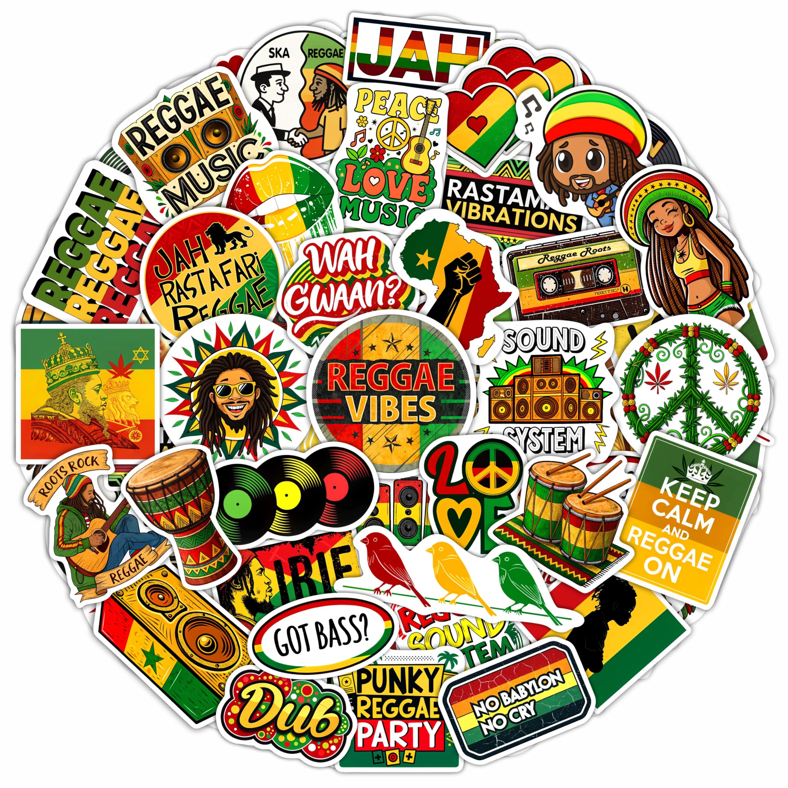 Lot de 100 autocollants et décalcomanies Reggae pour adultes pour bouteille d'eau et ordinateurs portables – Autocollants rasta, autocollants du groupe jamaïcain – Cadeaux pour homme et femme