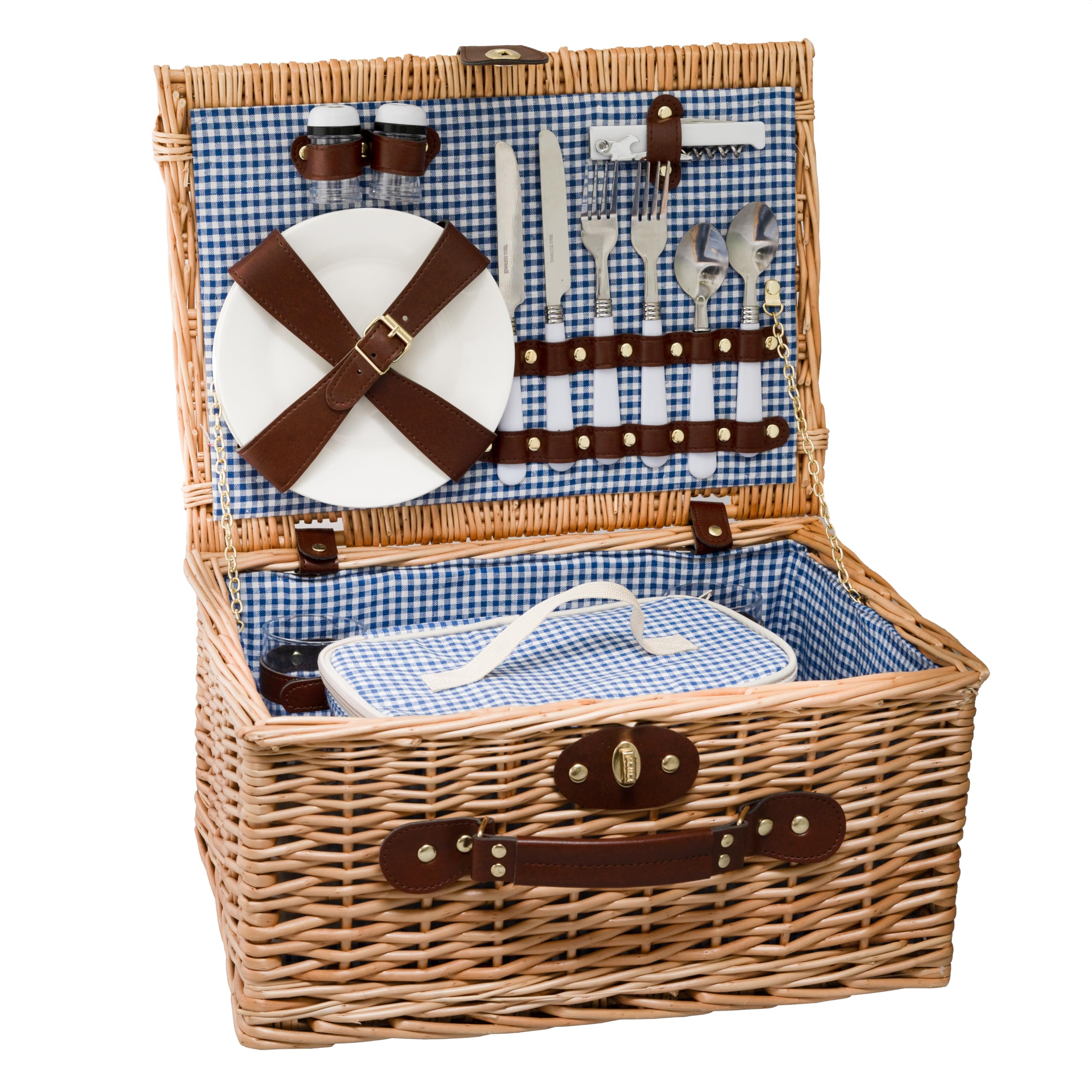 Arthur Cameron - Deluxe Hand-crafted Wicker Picnic Basket for 2 People - Complete with Matching Removable Cooler Bag and Serveware - 2 Person Small Picnic Basket with Handle (Blue Gingham)