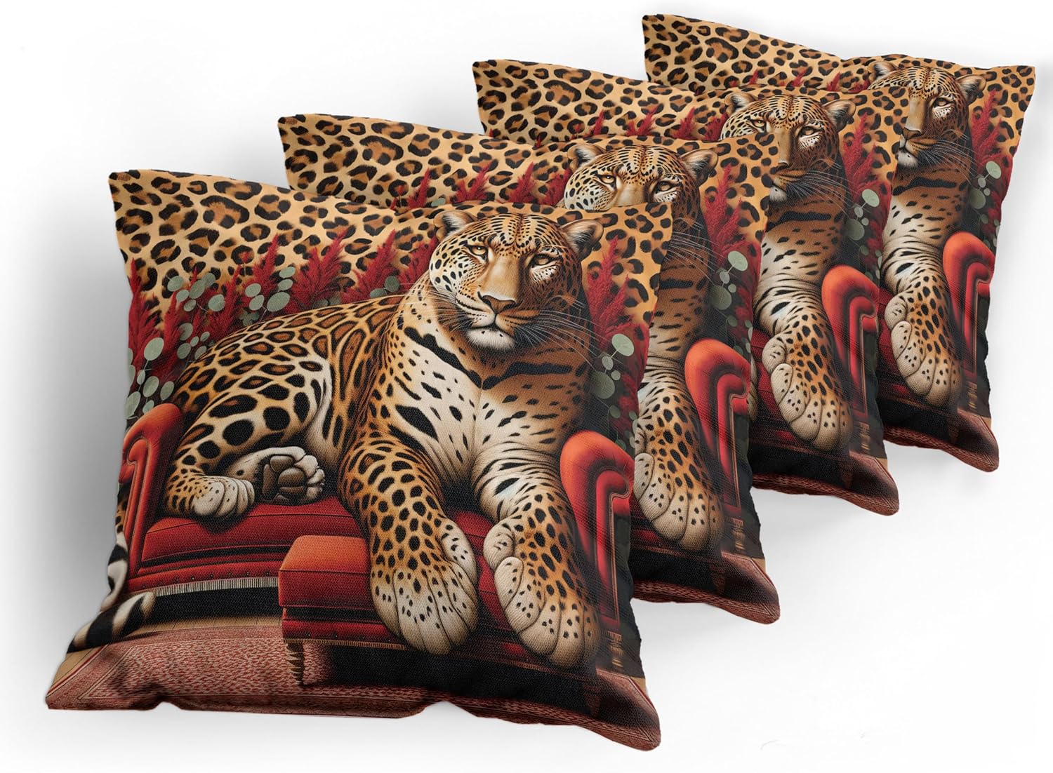 Ambesonne Leopard Throw Pillow Cushion Case Pack of 4, Bold and Wild Cat Lying Down in Sectional Sofa Front of Animal Print, Modern Accent Double-Sided Digital Printing, 16", Red Apricot Dark Salmon