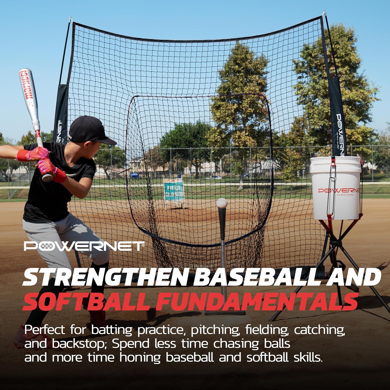 PowerNet Pro One Piece Softball Baseball Net, Portable Baseball Training Equipment, Hitting, Throwing & Pitching Net with Carrying Bag