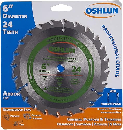 Oshlun SBW-060024 Hoja de sierra de uso general y recorte ATB de 6 pulgadas y 24 dientes con eje de 12 pulgada