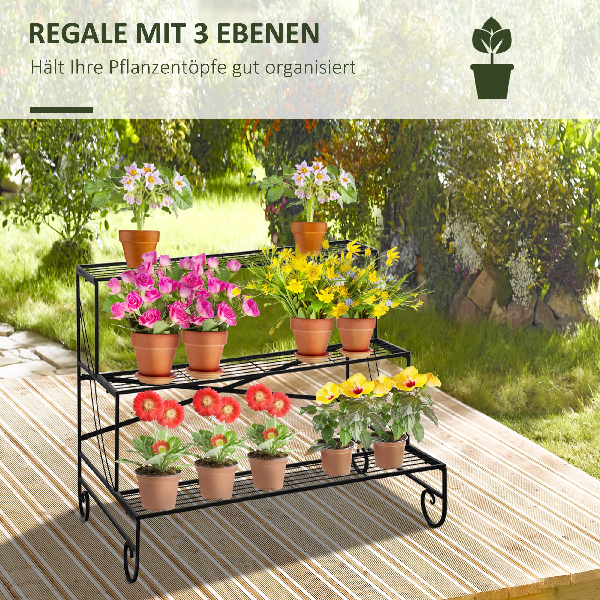 Outsunny Blumenständer 3 Stufen für Innen & Außen Schwarz 95 x 63 x 72 cm | Blumenregal aus Metall, Pflanzenregal, Blumentreppe, Garten, Balkon