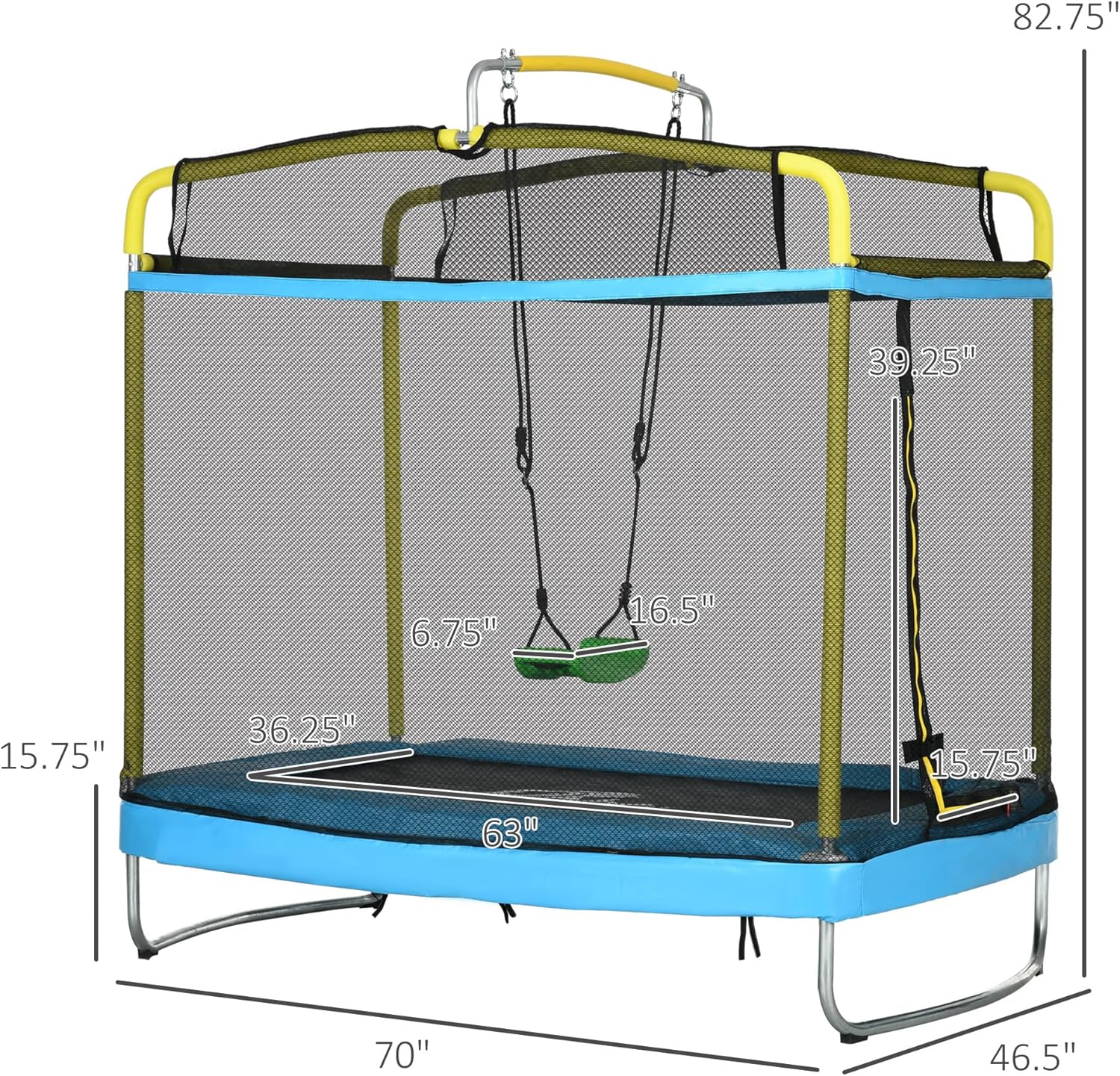 Qaba Trampoline for Kids, 6.9' Kids Trampoline with Enclosure, 3 in 1 Toddler Trampoline with Swing, Gymnastics Bar, for Indoor/Outdoor Use, Light Blue