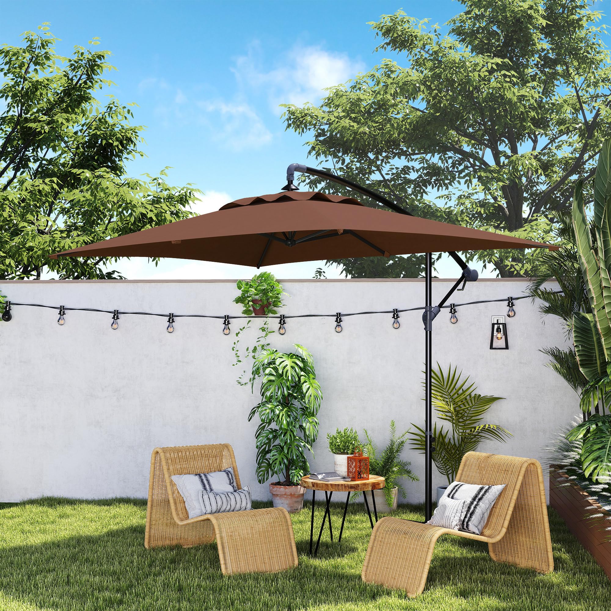 Outsunny Parasol Déporté 3 x 2 m Rectangulaire Extérieur Manivelle Marron
