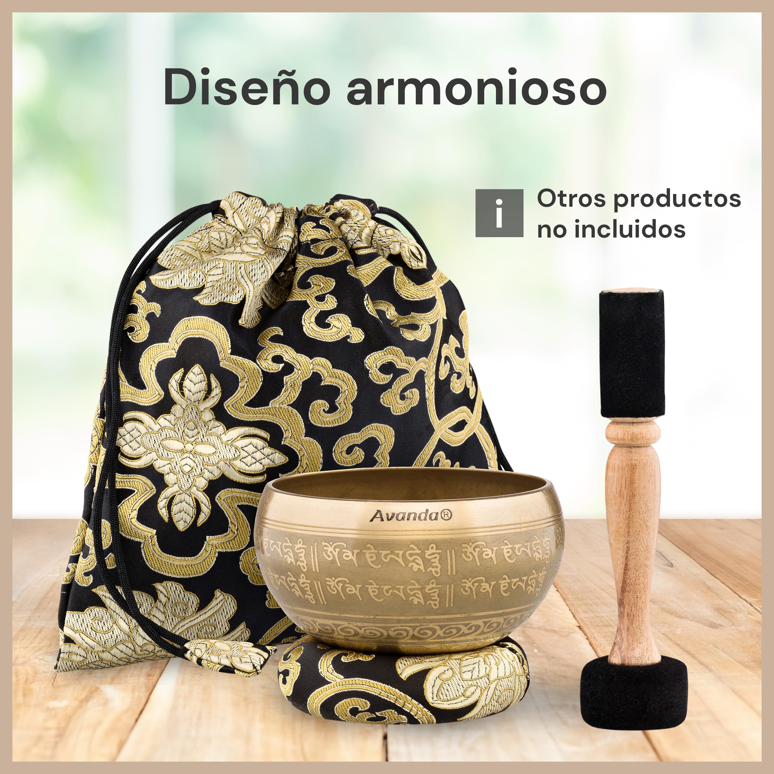 Cojín de cuenco tibetano en forma de anillo para la posición segura de su cuenco tibetano (hasta Ø 20 cm) y más sonido, artesanía tradicional, negro-dorado