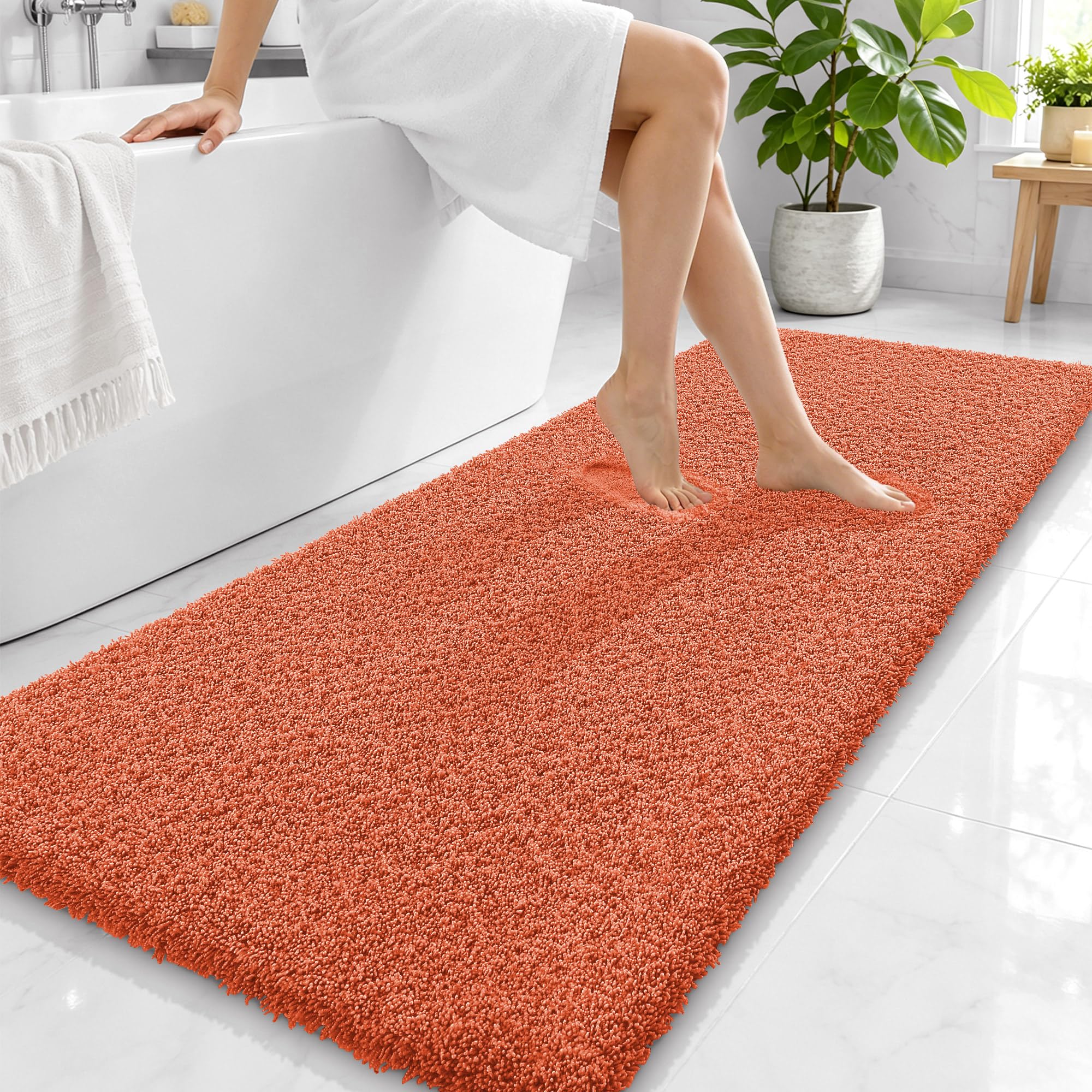 OLANLY Microfiber Bathroom Runner Rugs 59x24, Ultra Soft Bath Mat, Coral