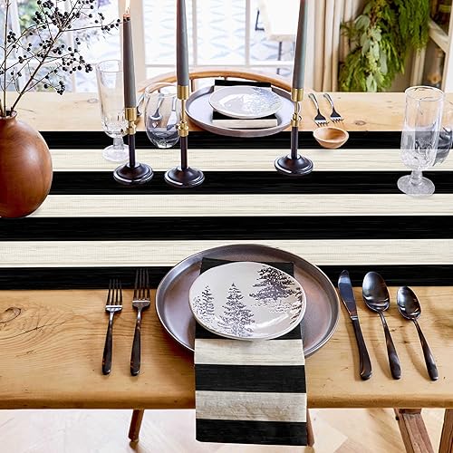 Miniatura 91 de Camino de mesa de algodón y lino estilo granja rústico retro, textura de madera de granero, color degradado marrón y gris, antideslizante,