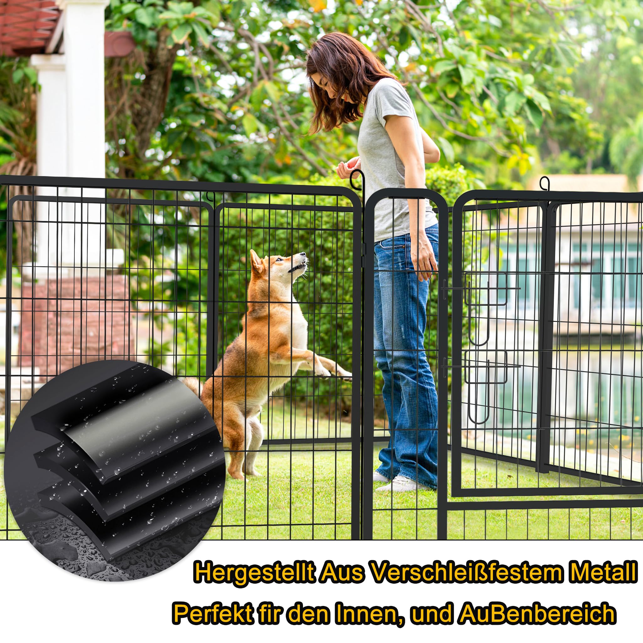 Aufun 6-Gitter Freilaufgehege Welpenauslauf faltbares Tierlaufstall, Automatische Verriegelung, Laufgitter Welpenfreigehege Hundegehege mit Tür für Hunde, Kaninchen, Kleintiere, Katze, je 80x80cm