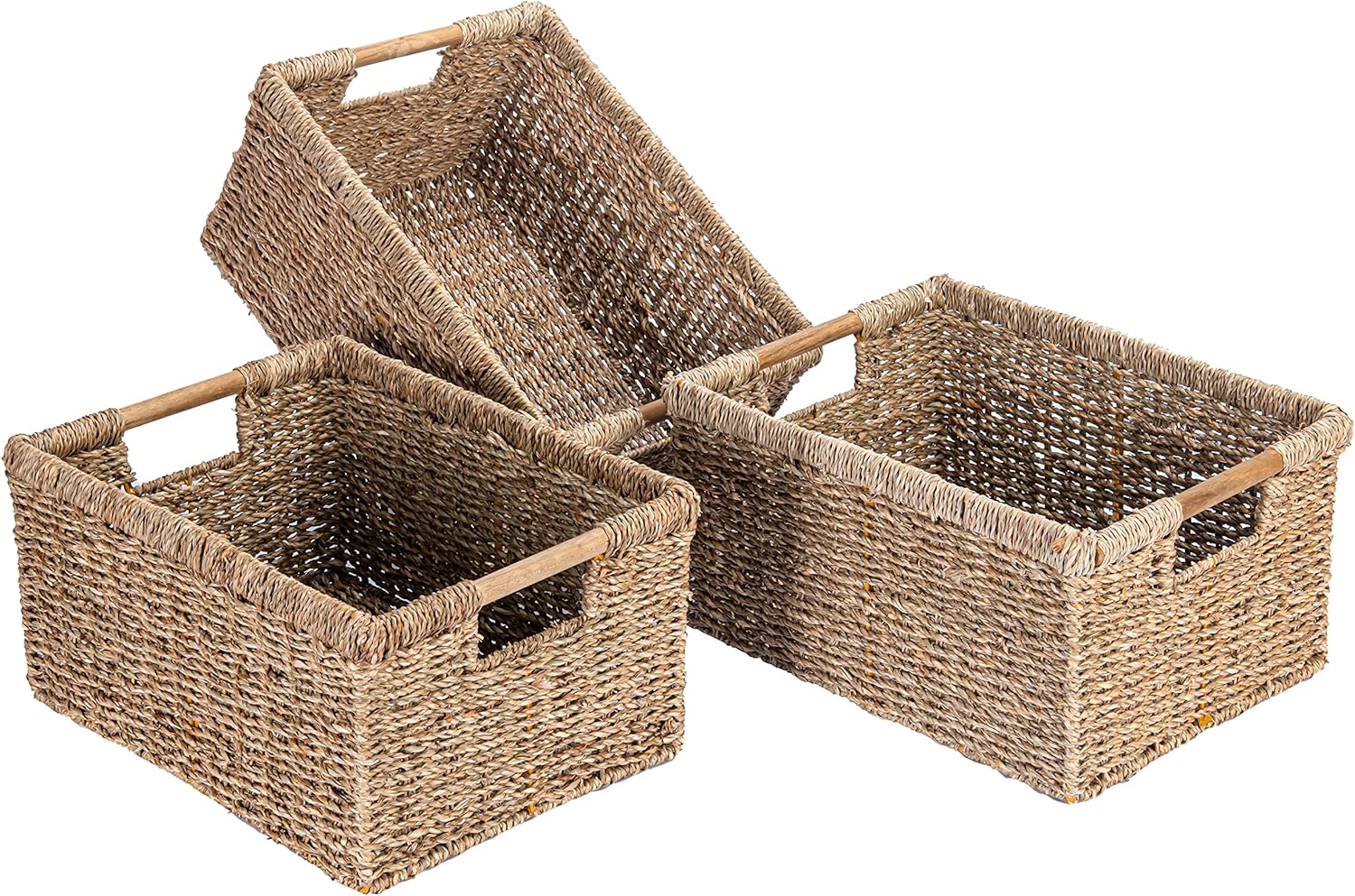 Large Wicker Basket Rectangular with Wooden Handles for Shelves, Seagrass Basket Storage, Natural Baskets for Organizing, Wicker Baskets for Storage - 3 Pack Large 3 Large - 14.5"x10.3"x7.5"H