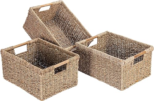 Miniatura 11 de Cestas pequeñas de mimbre para organizar el baño, cestas de pastos marinos para almacenamiento, cesta de almacenamiento de mimbre con mango de junco