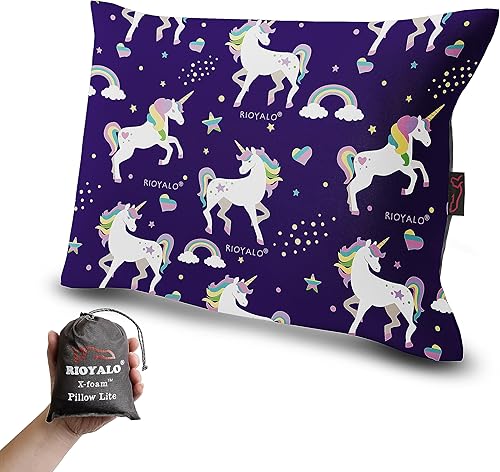 X-Foam Kids - Almohada inflable para acampar con funda de espuma extraíble para niñas Unicornio Cómodo, lavable, ultraligero y portátil