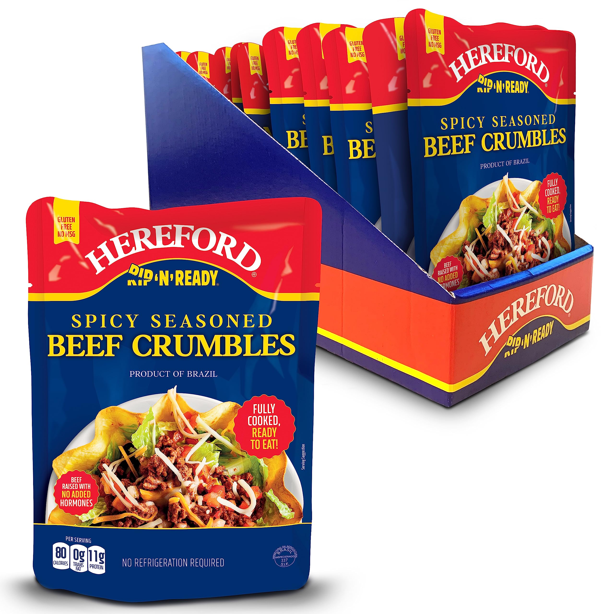 Hereford Spicy Seasoned Beef Crumbles | Shelf Stable | Halal | Fully Cooked | Ready-to-Eat | 12g of Protein per Serving | 6oz per Pouch (Case of 12)